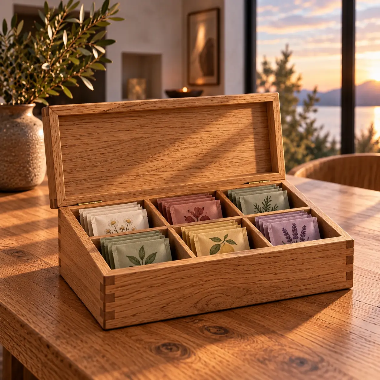 Geöffnete Teebox aus Eiche mit sechs Fächern und verpackten Teebeuteln