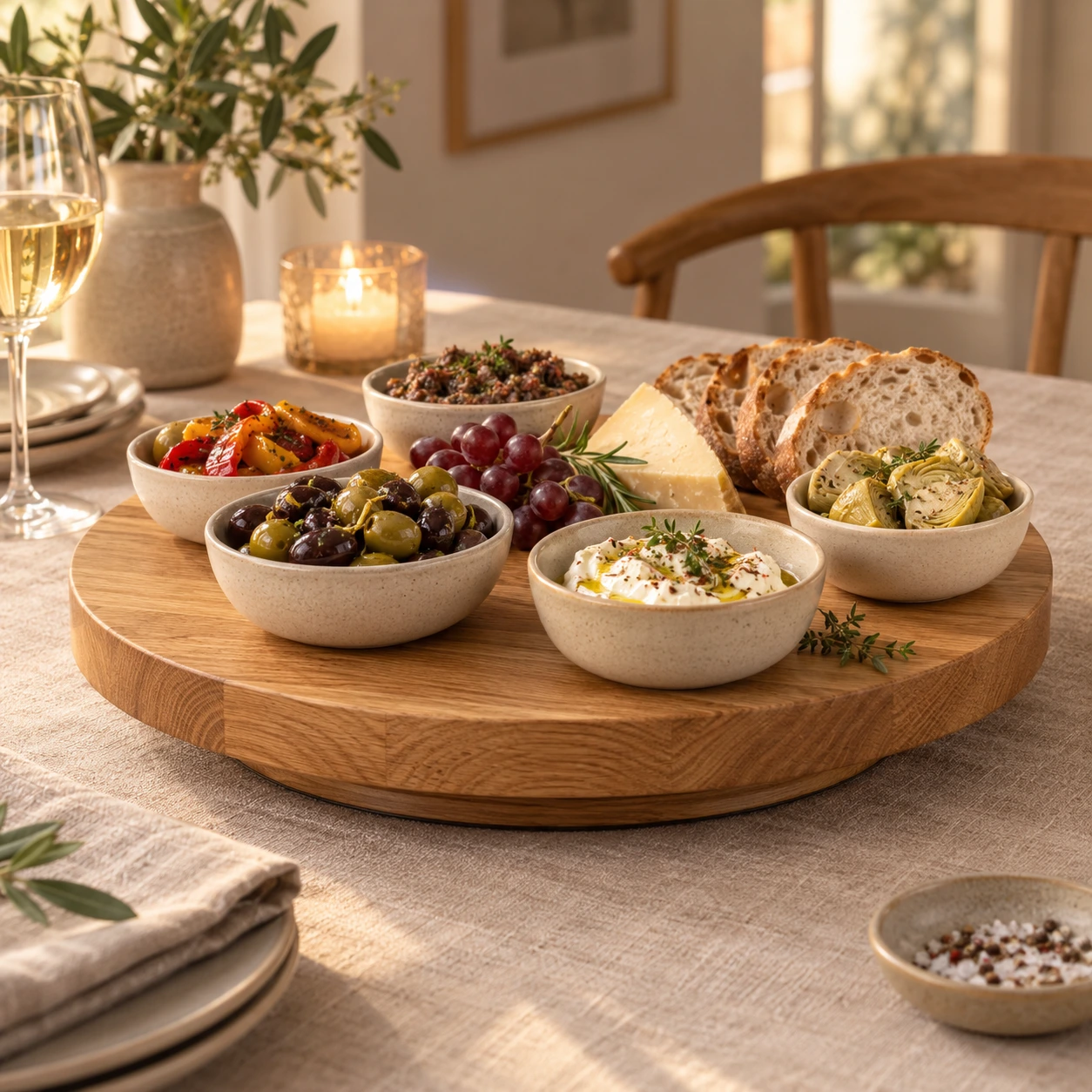Runde drehbare Servierplatte aus Eiche mit kleinen Schalen und Antipasti auf einem gedeckten Tisch