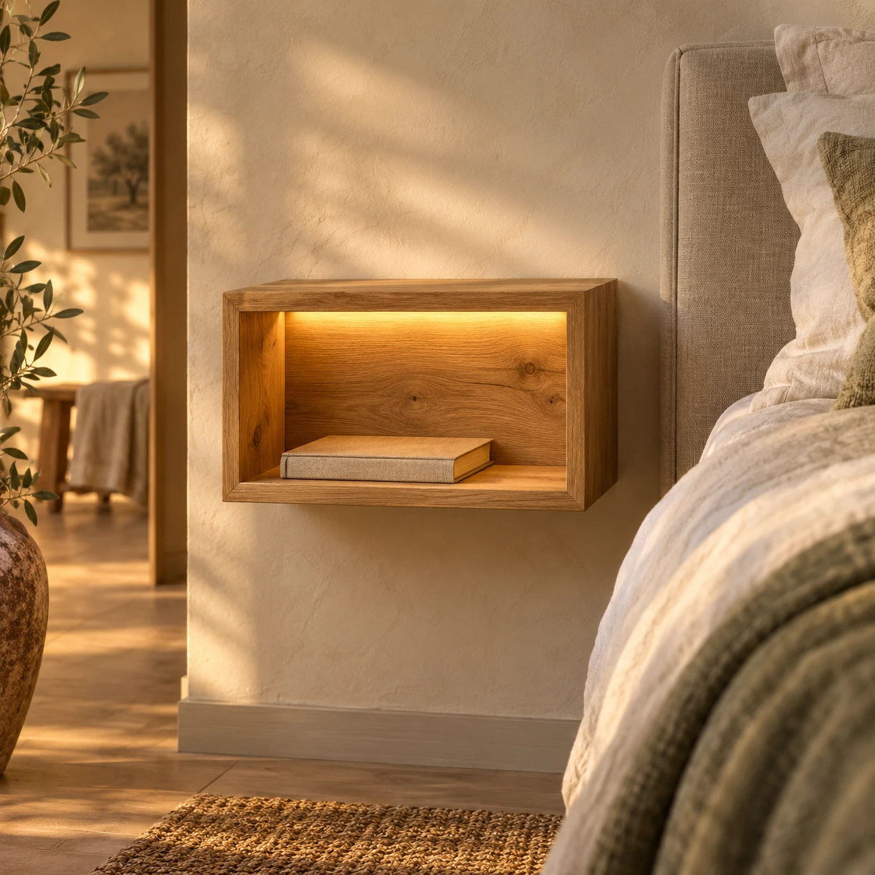 Rechteckiges Eichen-Wandfach mit LED-Beleuchtung und einem Buch neben einem Bett