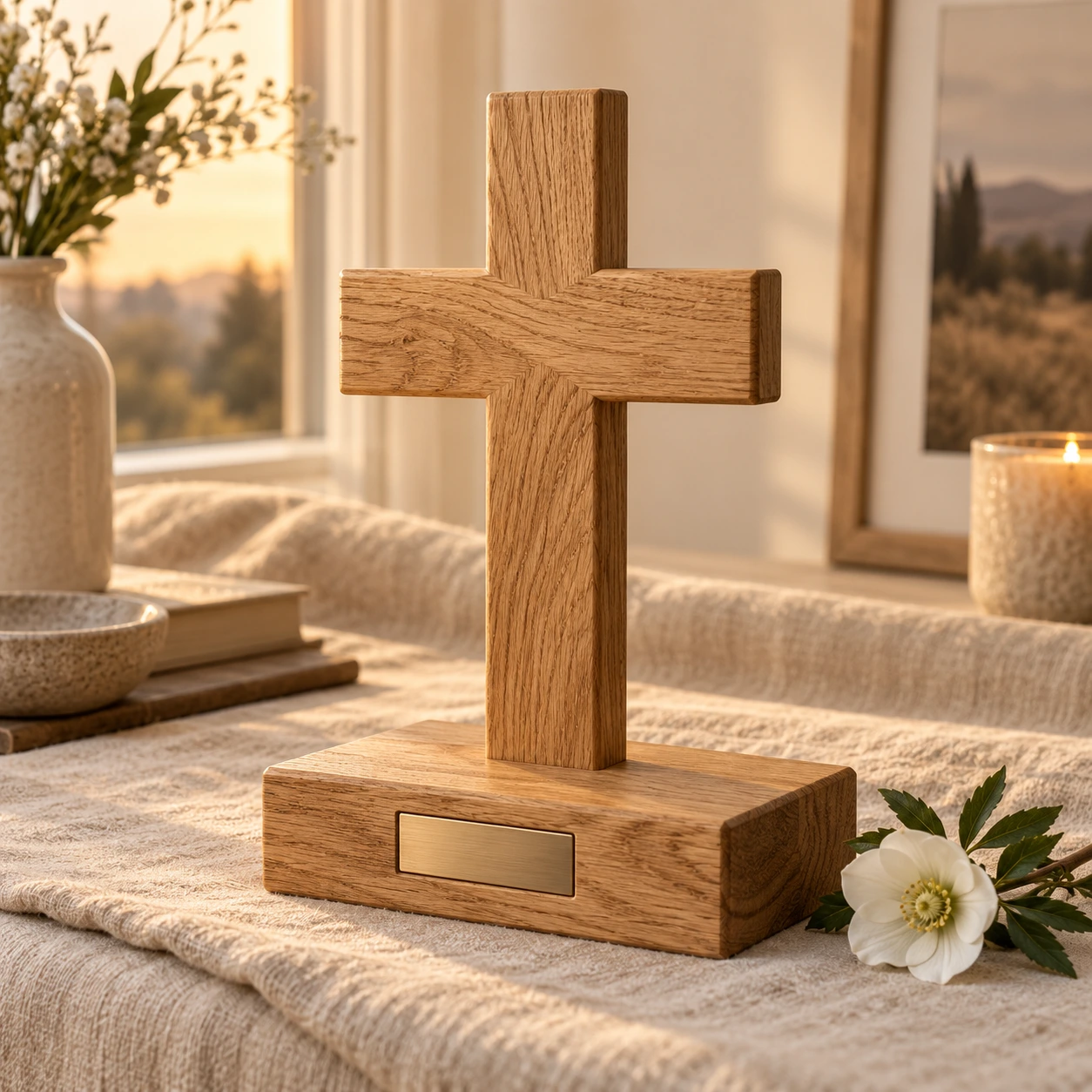 Stehendes Eichenkreuz auf einem Sockel mit kleiner metallfarbener Plakette