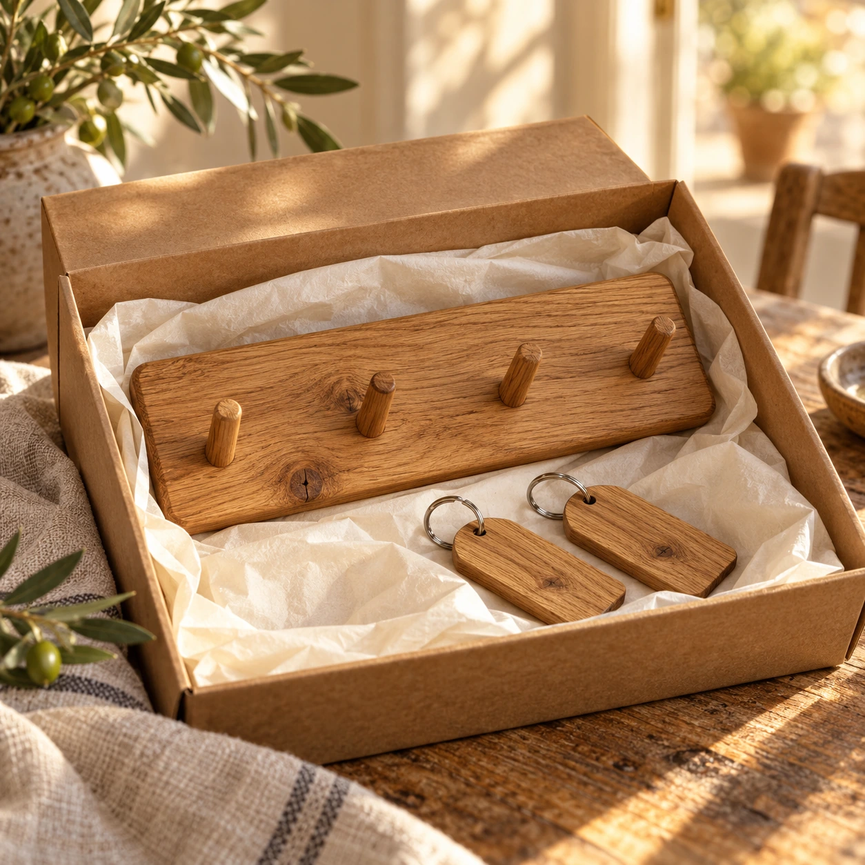 Offene Geschenkbox mit Eichen-Schlüsselleiste und zwei Schlüsselanhängern