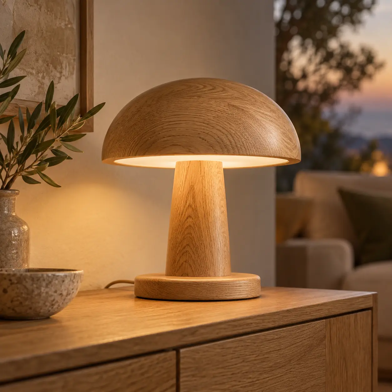 Pilzförmige LED-Tischleuchte aus Eiche auf einem Eichen-Sideboard