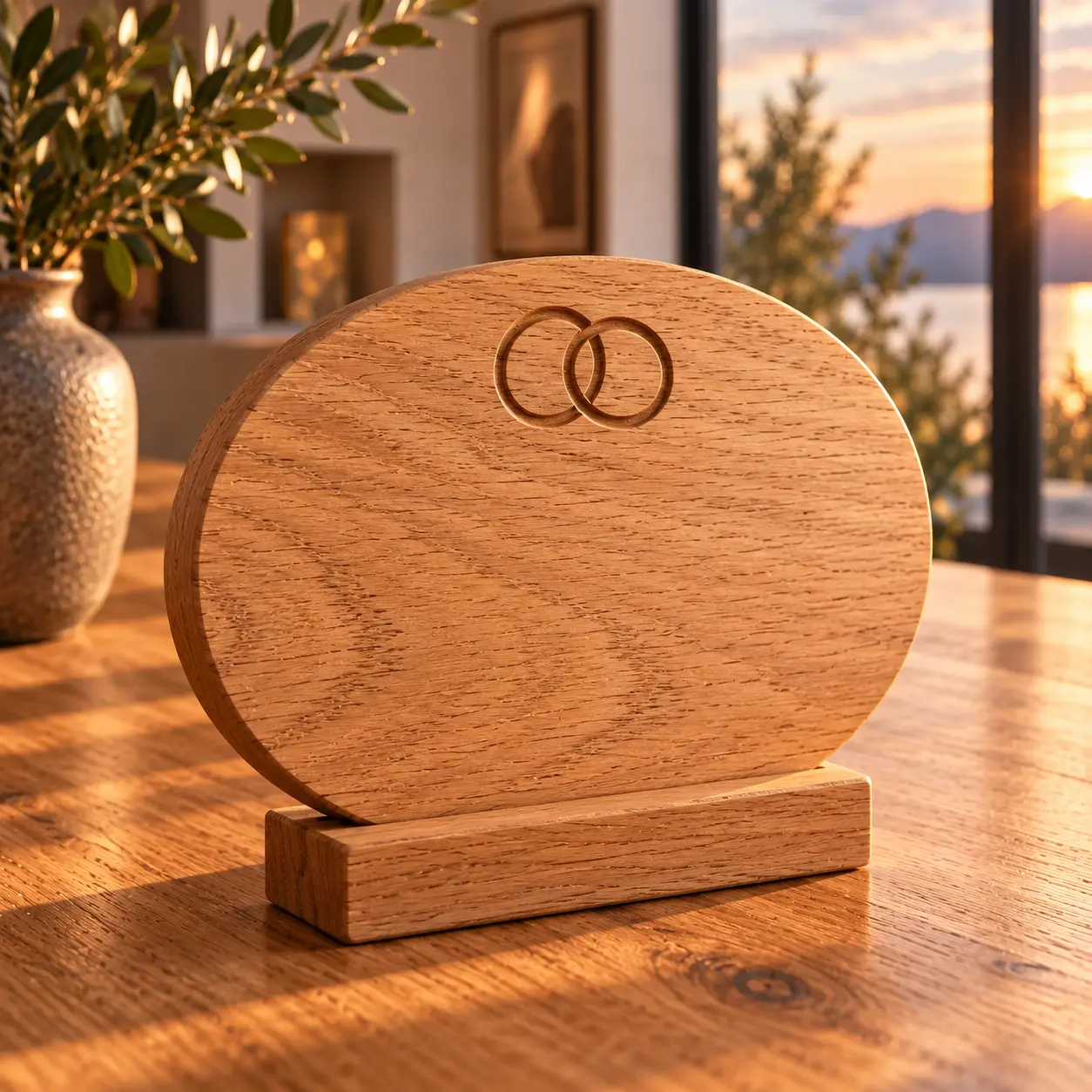Ovales Jubiläumsschild aus Eiche mit Ringmotiv auf einem Holzsockel
