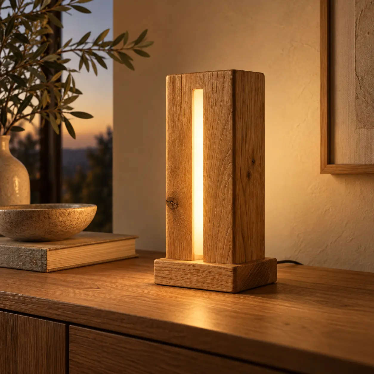 LED-Tischleuchte als Eichenblock auf einem Eichen-Sideboard
