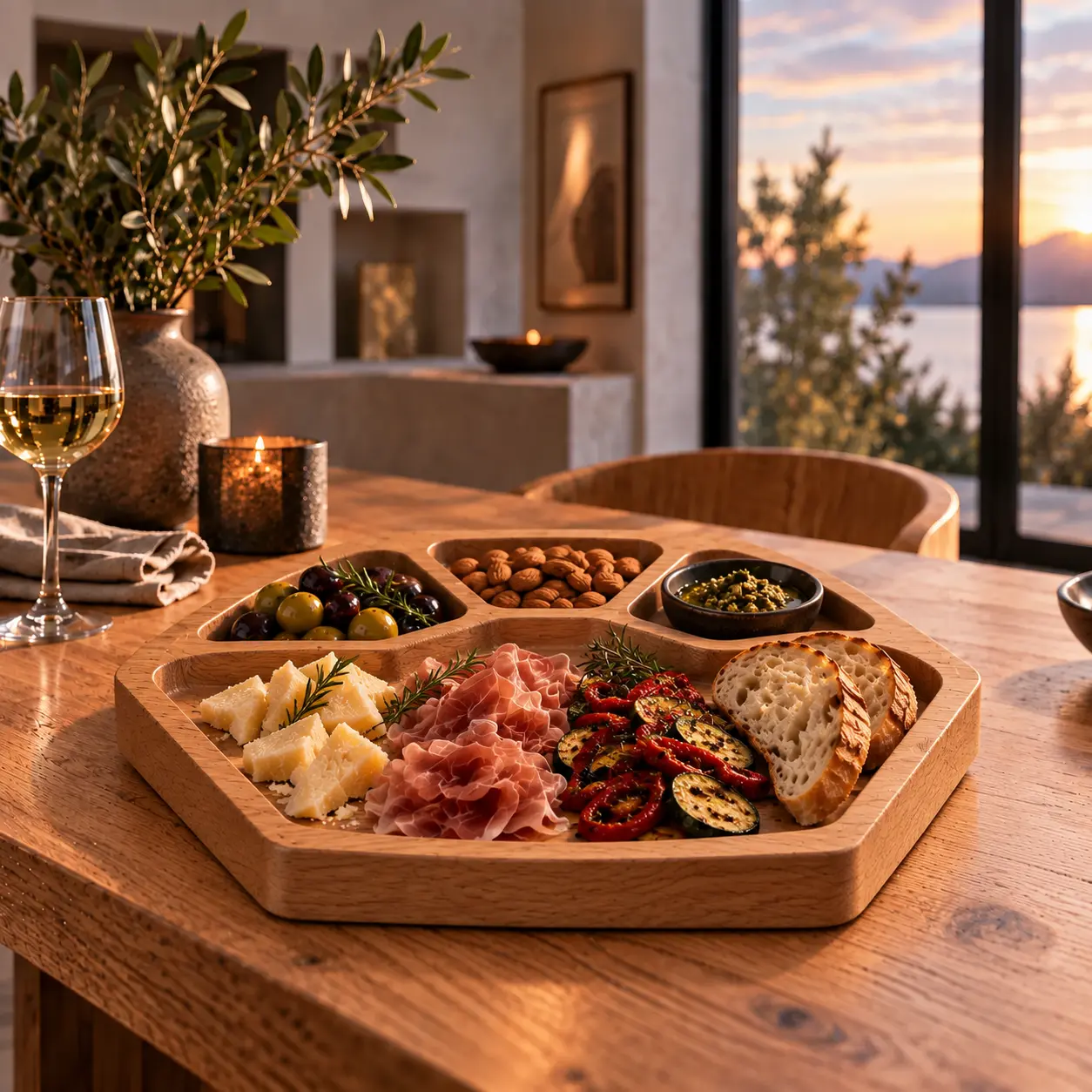 Sechseckiges Eichenservierbrett mit gerundeten Ecken und kleinen Fächern, belegt mit Antipasti