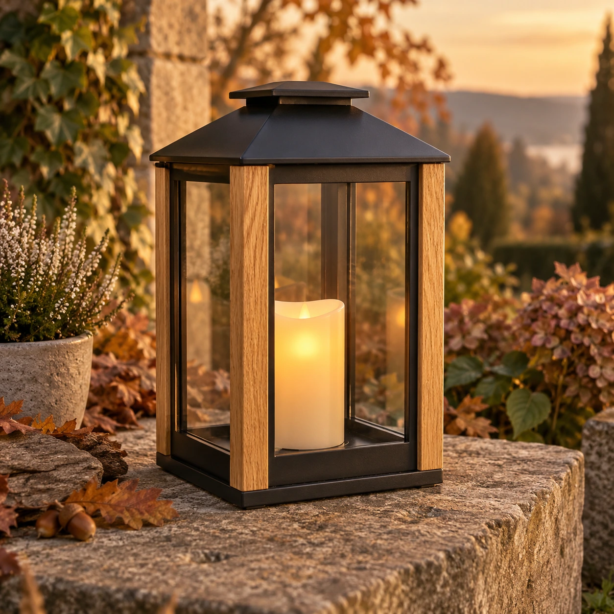 Laterne mit Eichenstreben, dunklem Metallrahmen, Glasflächen und LED-Kerze im Außenarrangement