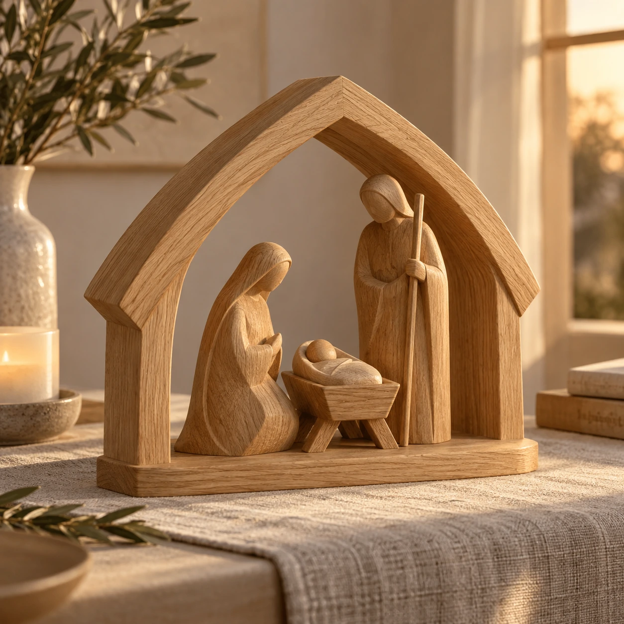 Reduzierte Weihnachtskrippe aus Eiche mit drei Figuren unter einem Holzdach