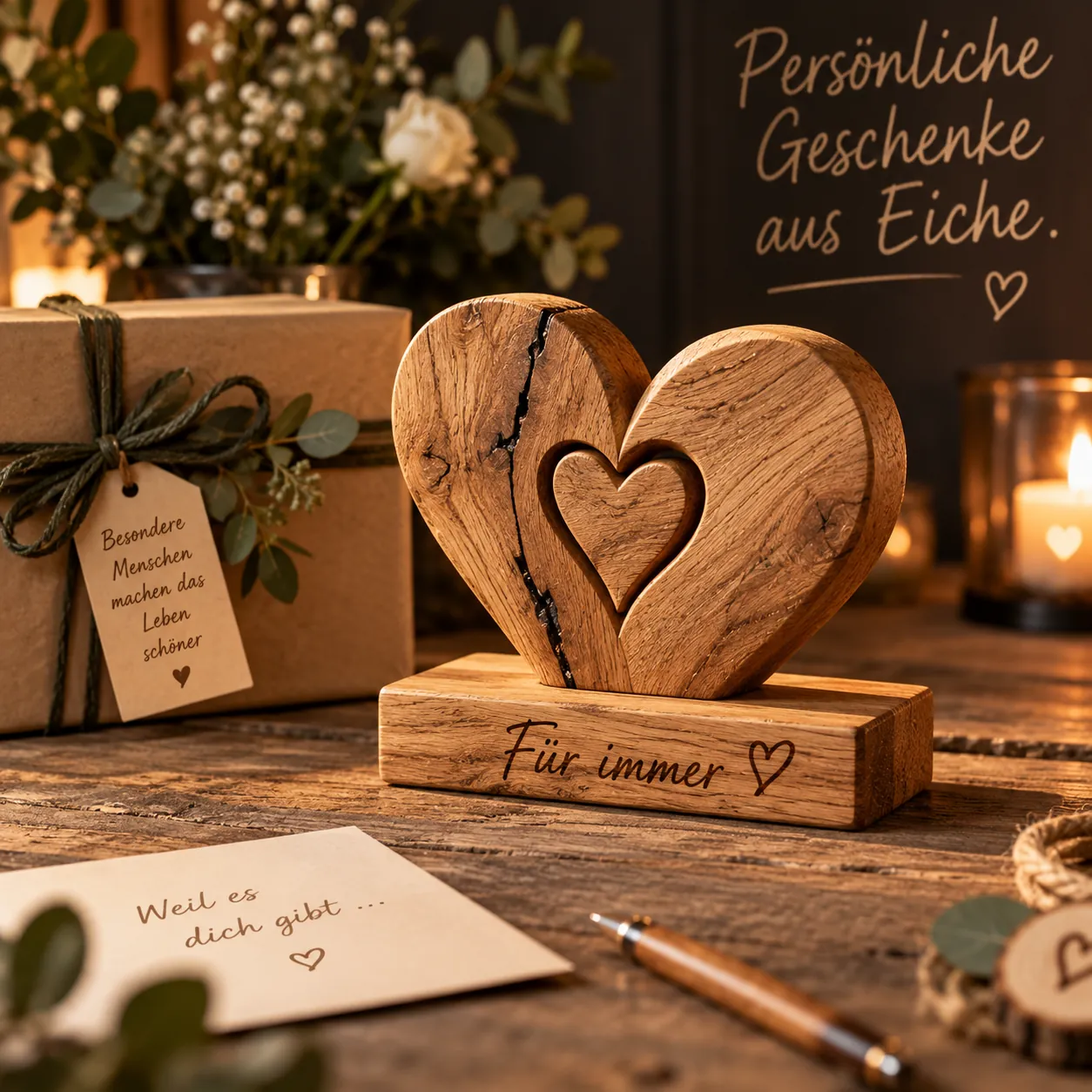 Großes Eichenherz mit kleinem Herz in der Mitte auf einem Holzsockel mit der Aufschrift „Für immer“