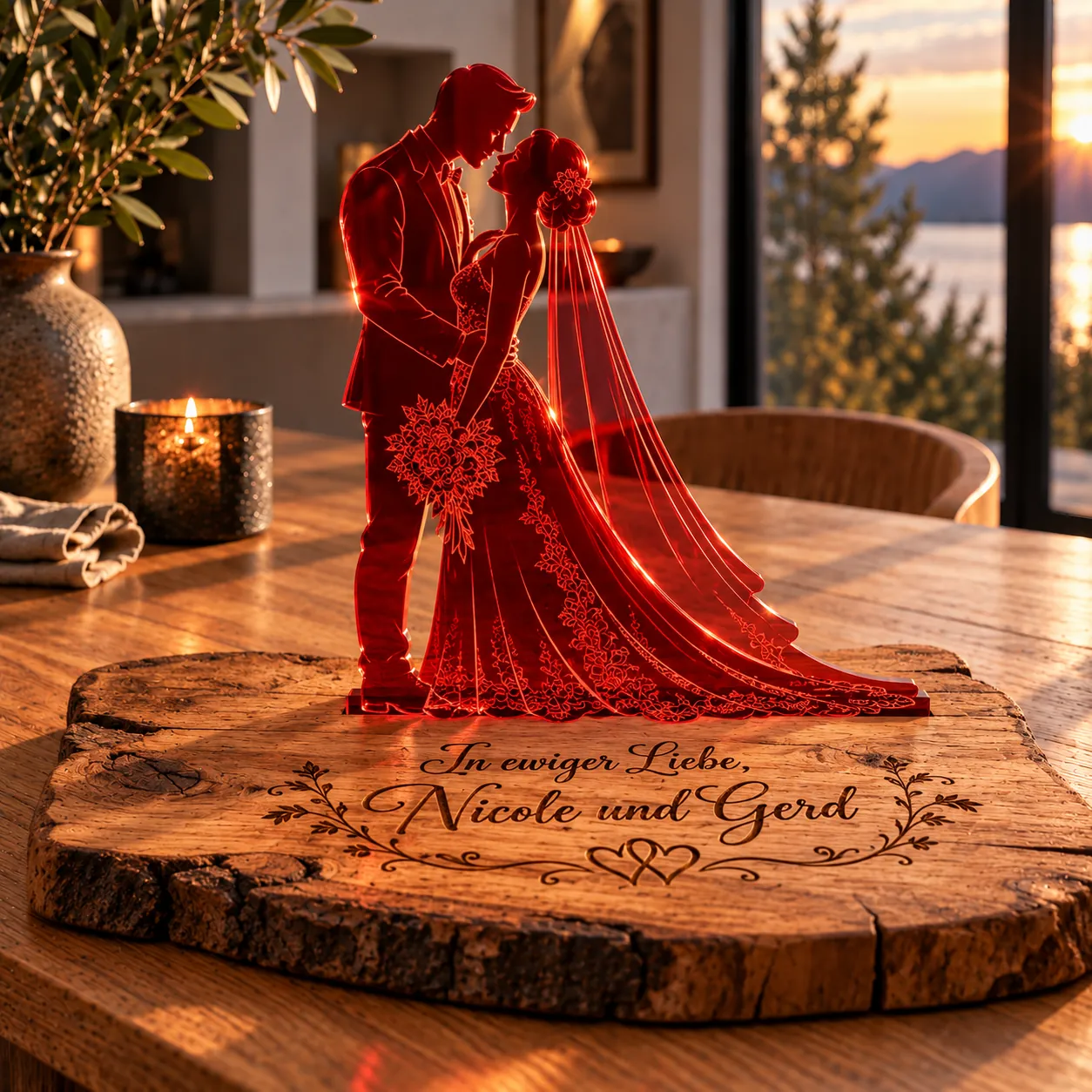 Rotes Brautpaar-Motiv auf rustikalem Eichenholz mit der Widmung „In ewiger Liebe, Nicole und Gerd“ und Herzen