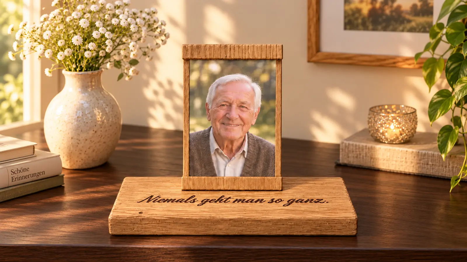 Erinnerungsstück aus heller Eiche mit Porträt und lesbarer Gravur Niemals geht man so ganz auf dunklem Sideboard
