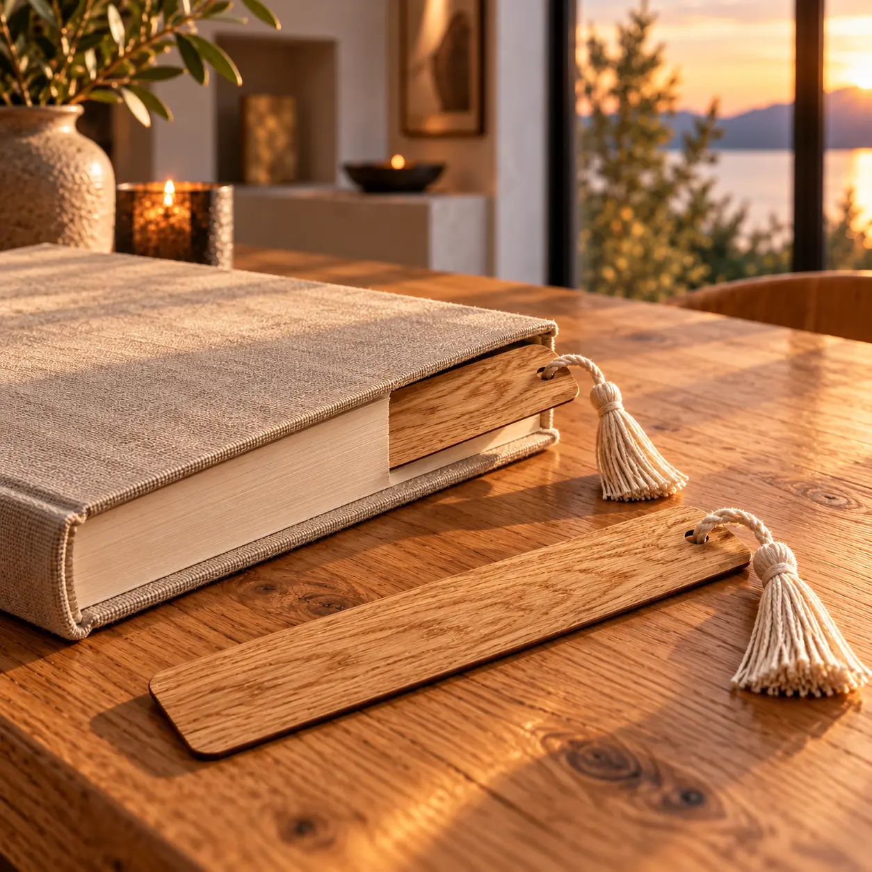 Zwei schlanke Eichenlesezeichen mit Kordeln neben einem Buch