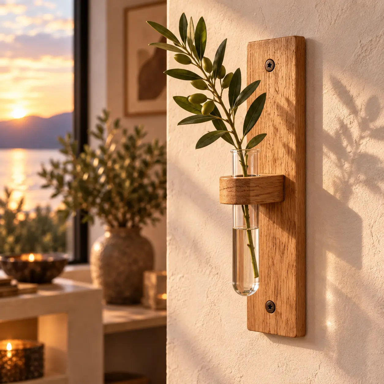 Wandvase mit schmalem Eichenhalter, herausnehmbarem Glas und einem Pflanzenstiel