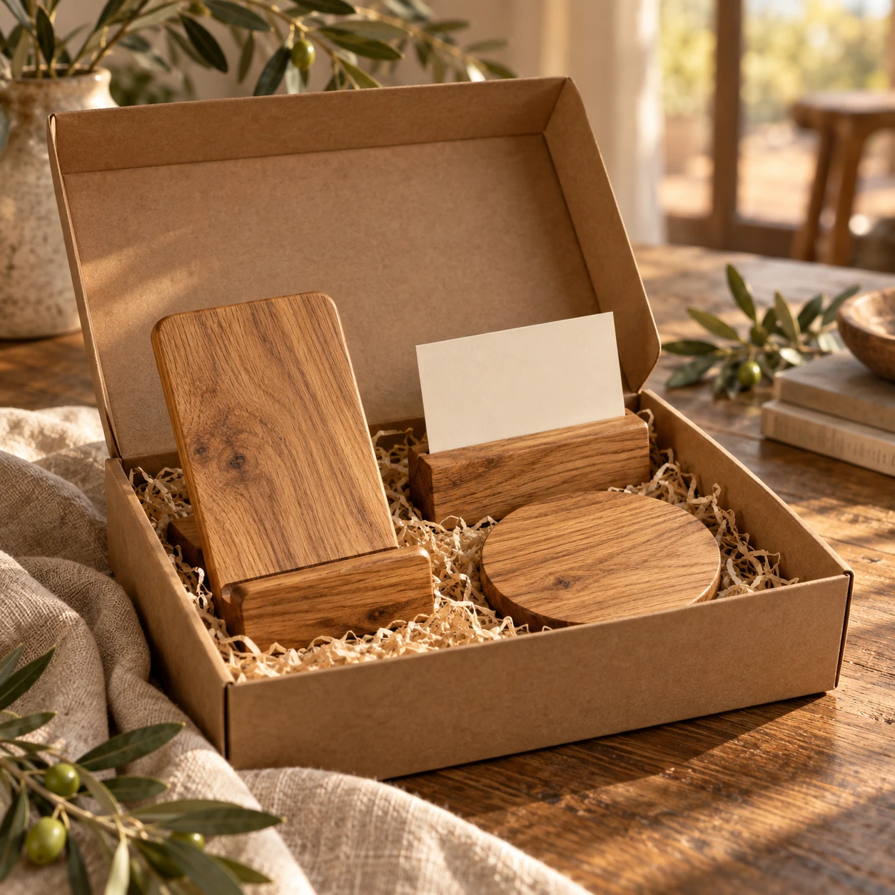Geschenkbox mit Eichen-Handyhalter, rundem Untersetzer und Kartenhalter