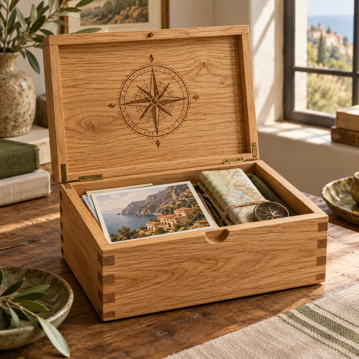 Geöffnete Eichen-Andenkenbox mit Kompassgravur, Postkarten und gefalteter Karte