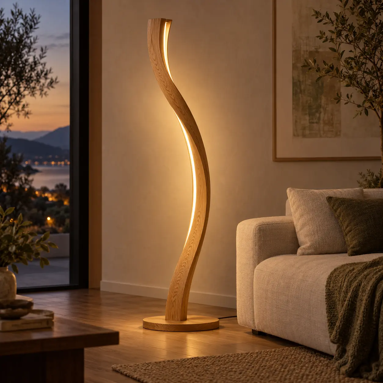 Geschwungene LED-Stehleuchte aus Eiche neben einem Sofa in einem Wohnraum