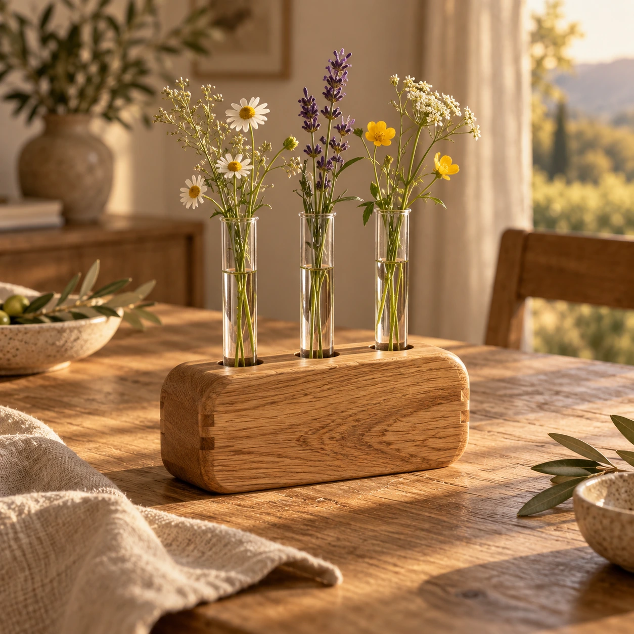 Eichensockel mit drei schlanken Glasvasen und zarten Blüten