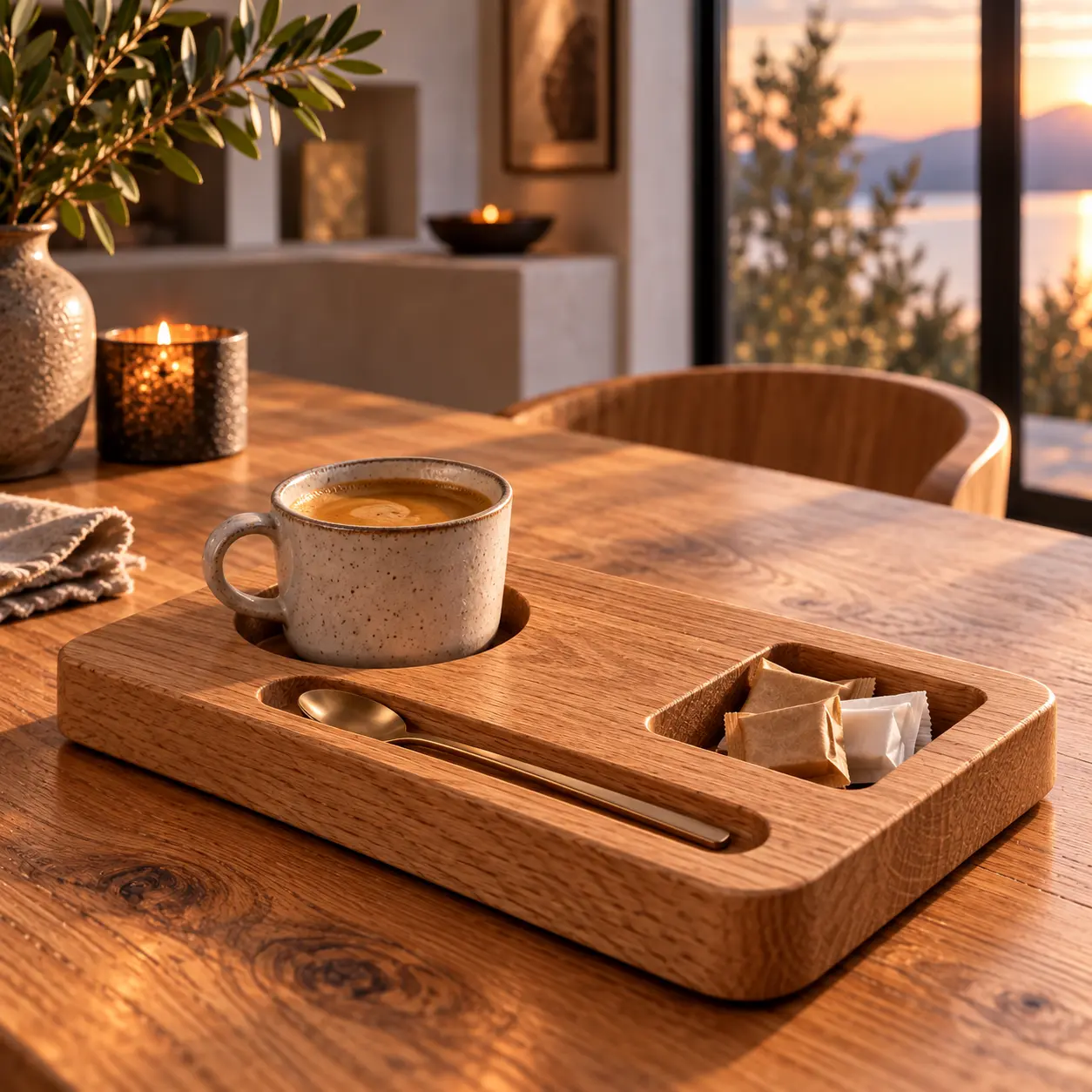 Kleine Kaffeestation aus Eiche mit Tasse, Löffelablage und Zuckerfach