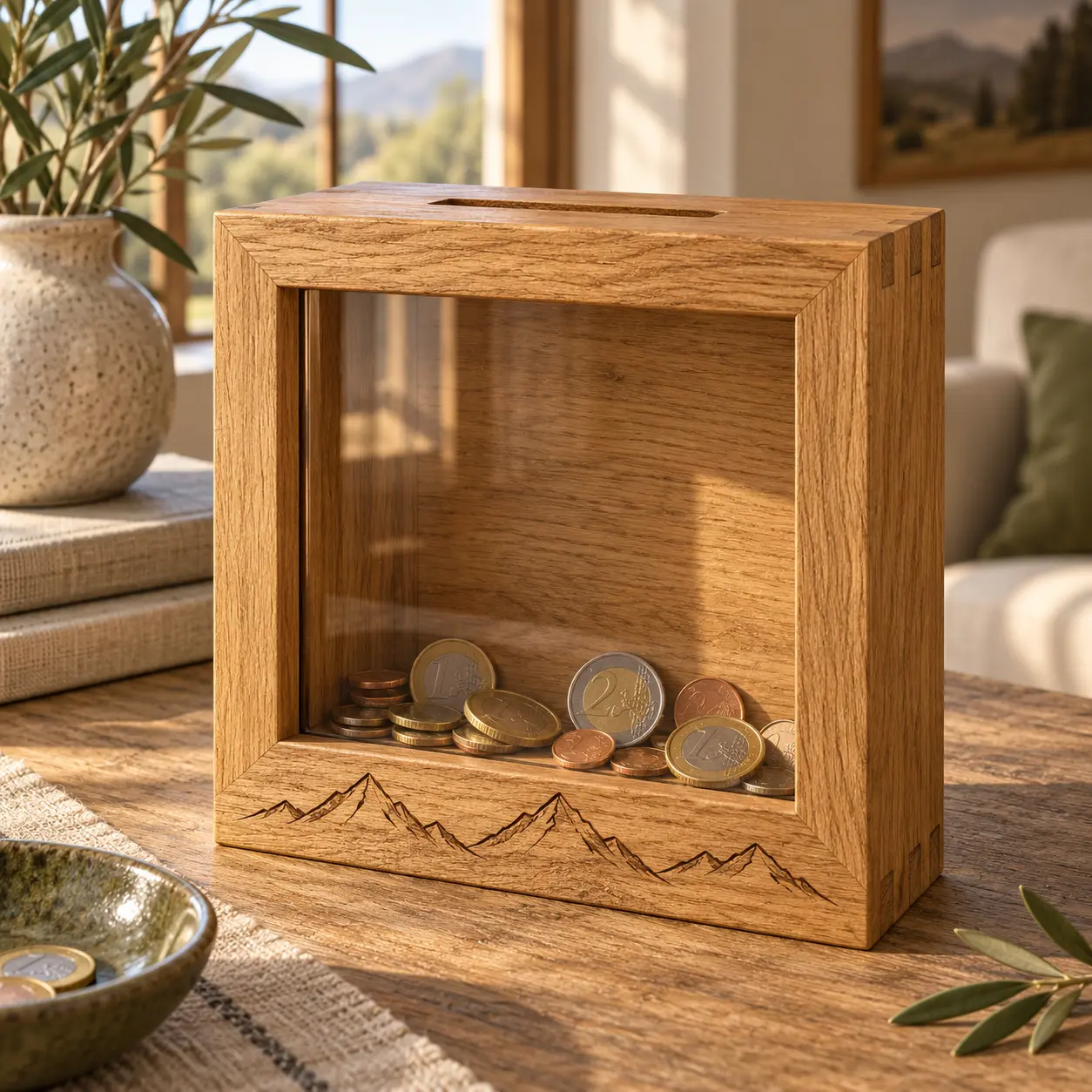 Eichen-Sparbox mit Sichtfenster, Münzen und Bergmotiv