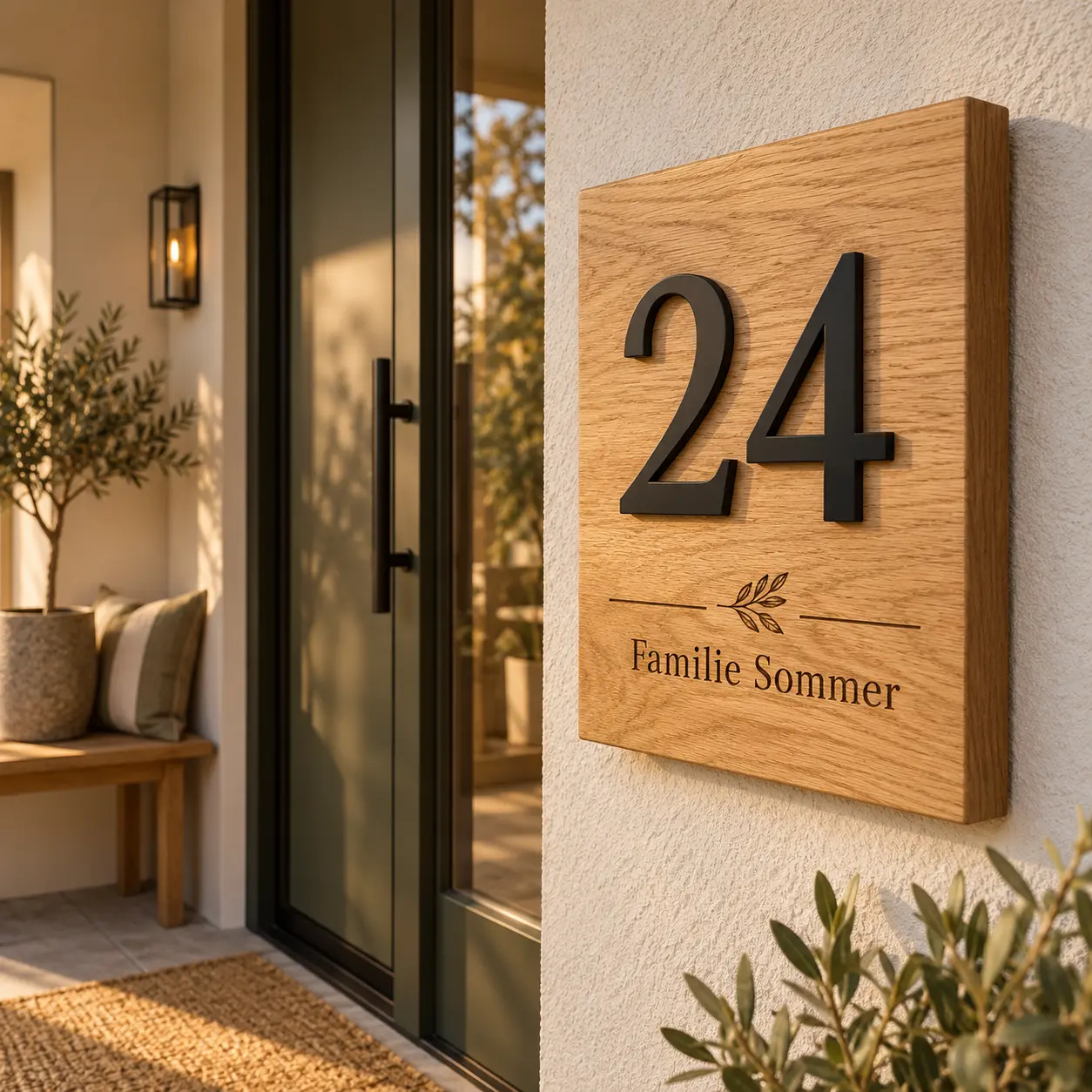 Eichen-Hausnummernschild mit dunkler Nummer 24 und graviertem Familiennamen in einem geschützten Eingang