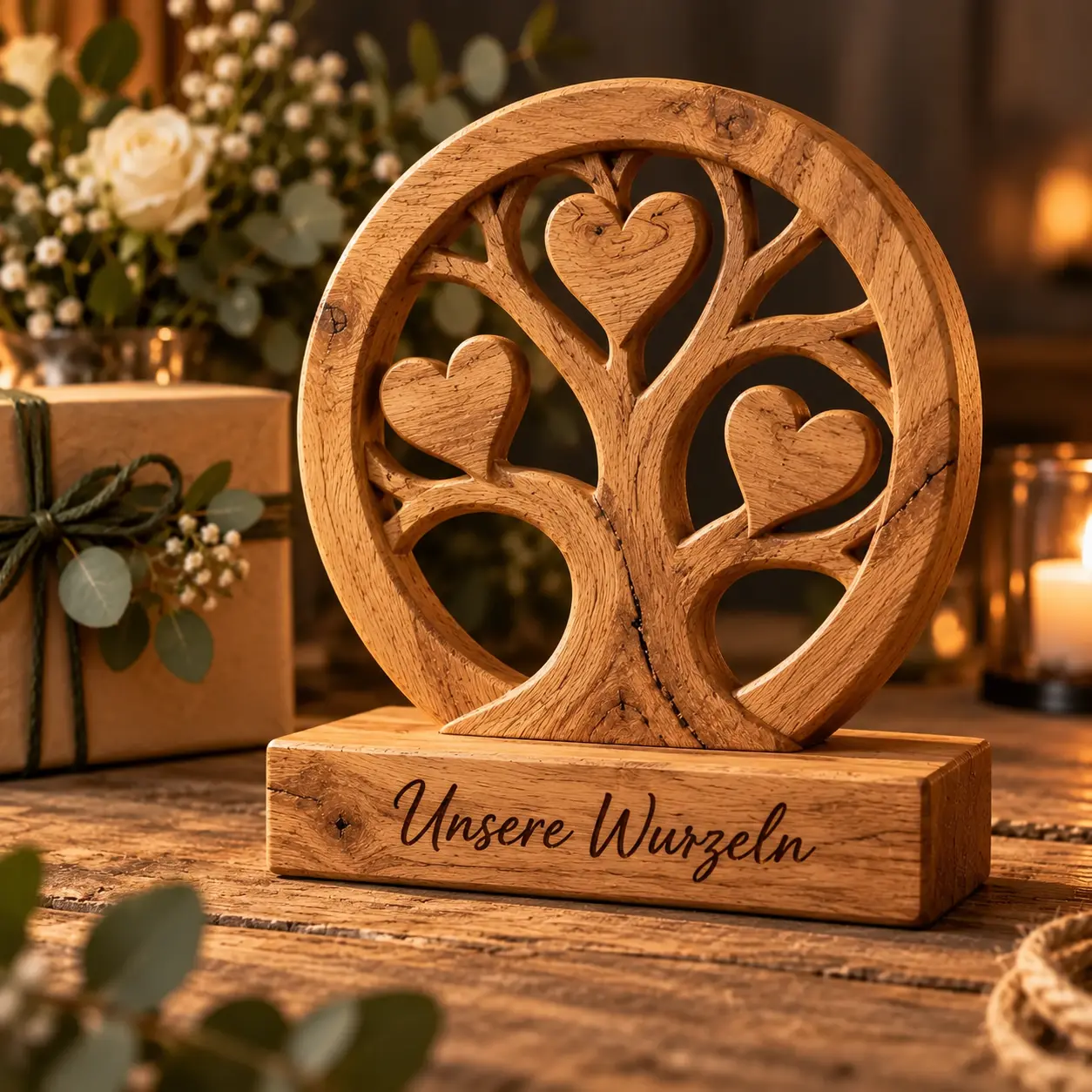 Runder Eichenrahmen mit Lebensbaum und drei Herzen auf einem Sockel mit Gravur Unsere Wurzeln