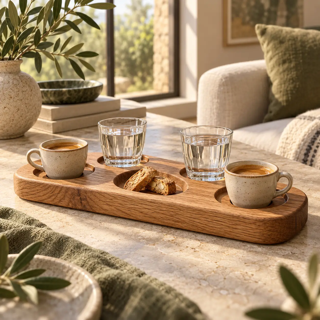 Längliches Eichen-Serviertablett mit zwei Espressotassen, zwei Wassergläsern und Gebäck