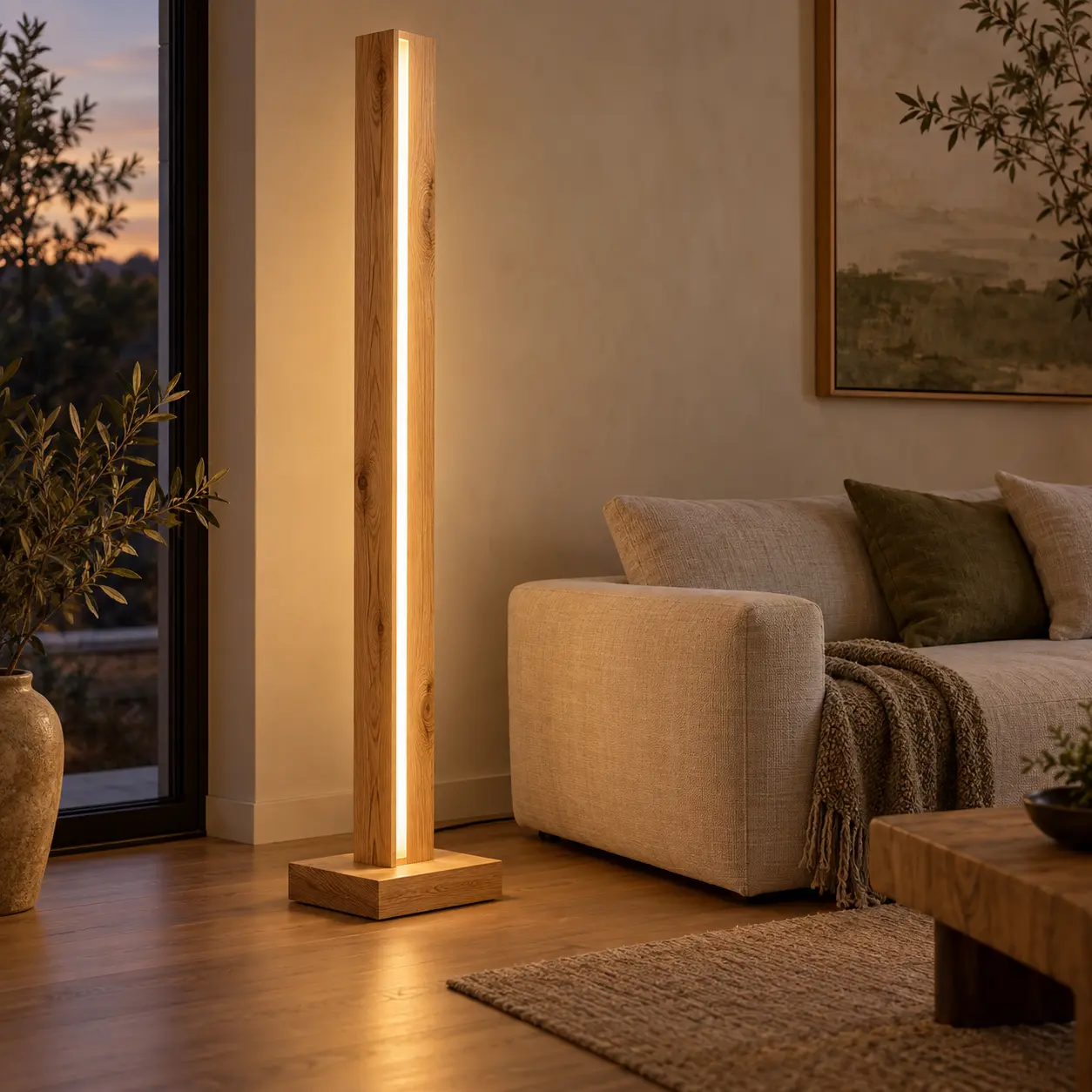 Schlanke Eichenstele mit seitlicher LED-Lichtlinie neben einem Sofa in einem Wohnraum
