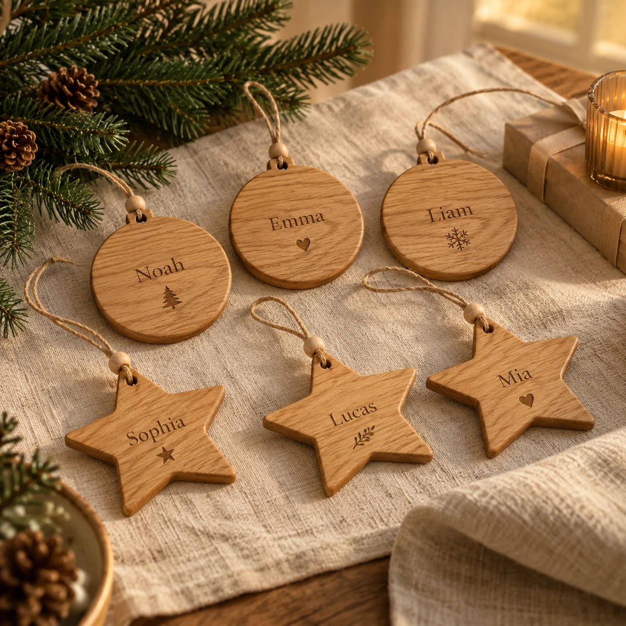 Sechs personalisierte Eichenanhänger in Stern- und Kreisform als Weihnachtsbaumschmuck