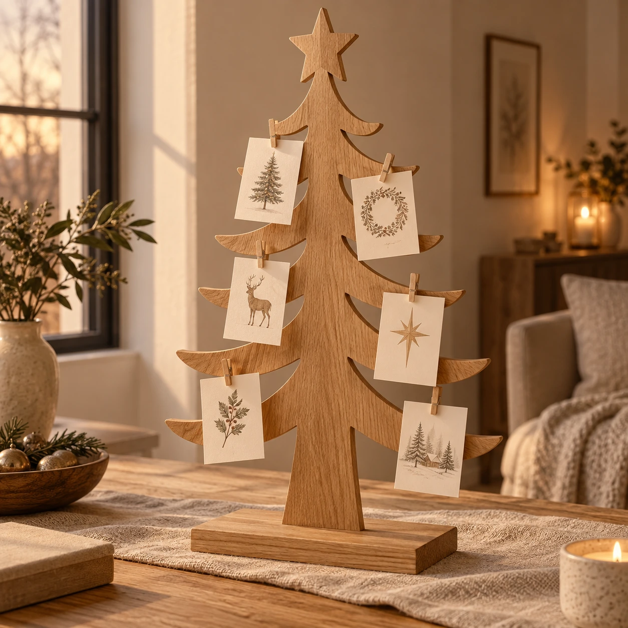 Baumförmiger Kartenhalter aus Eiche mit Weihnachtskarten