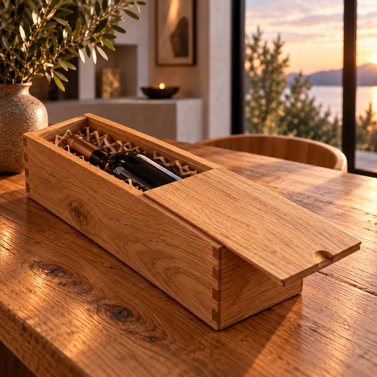 Flaschengeschenkbox aus Eiche mit teilweise geöffnetem Schiebedeckel und Weinflasche