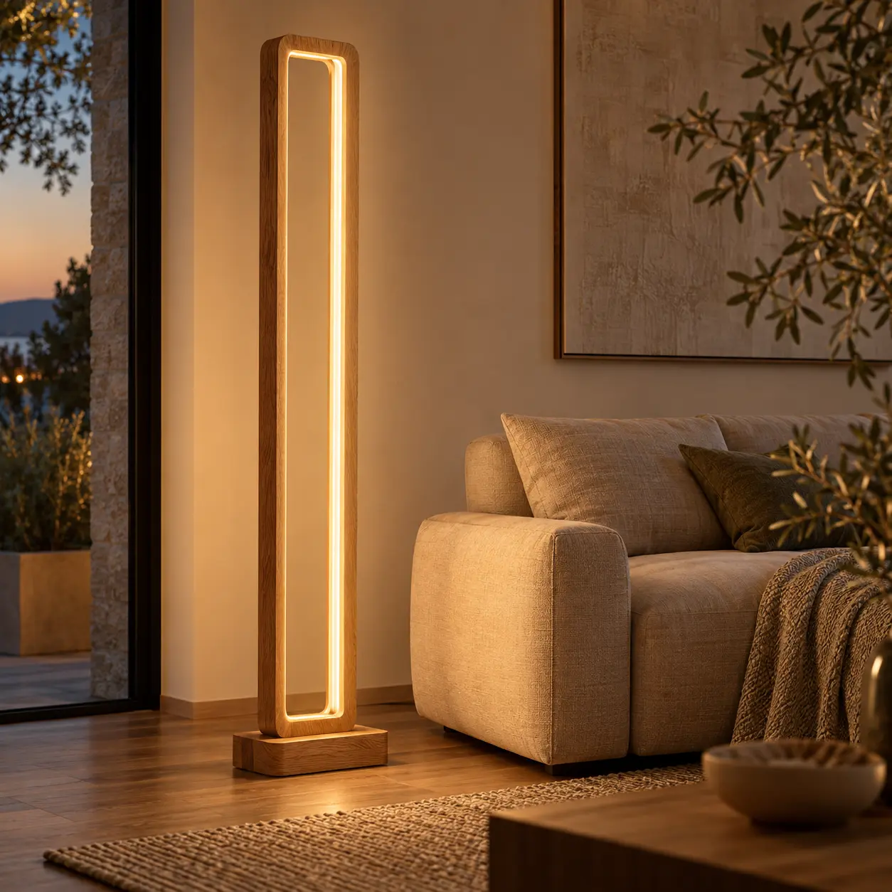 Offener Eichenrahmen mit innenliegender LED neben einem Sofa in einem Wohnraum