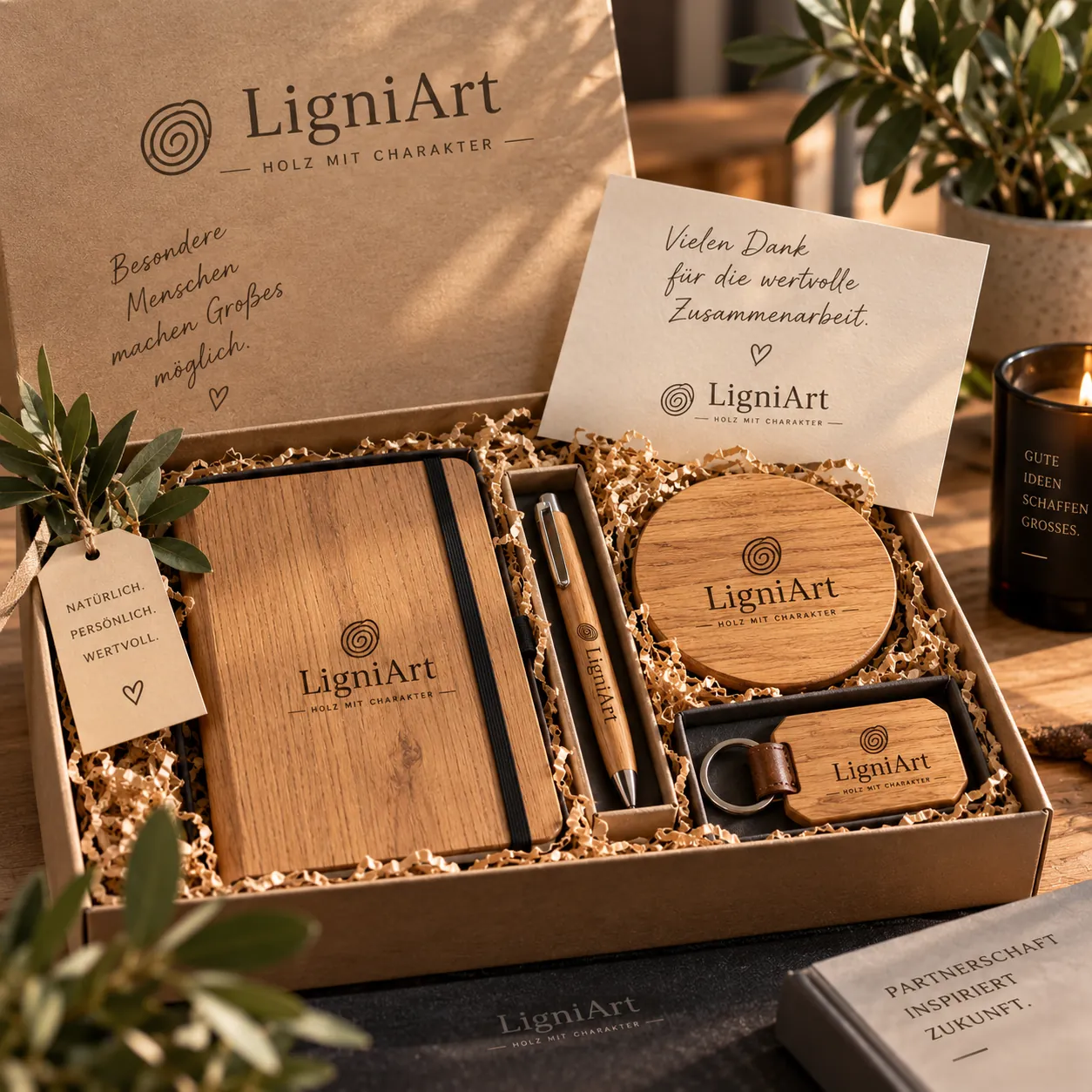 Geschenkbox mit Notizbuch, Stift, Untersetzer und Schlüsselanhänger mit LigniArt-Branding