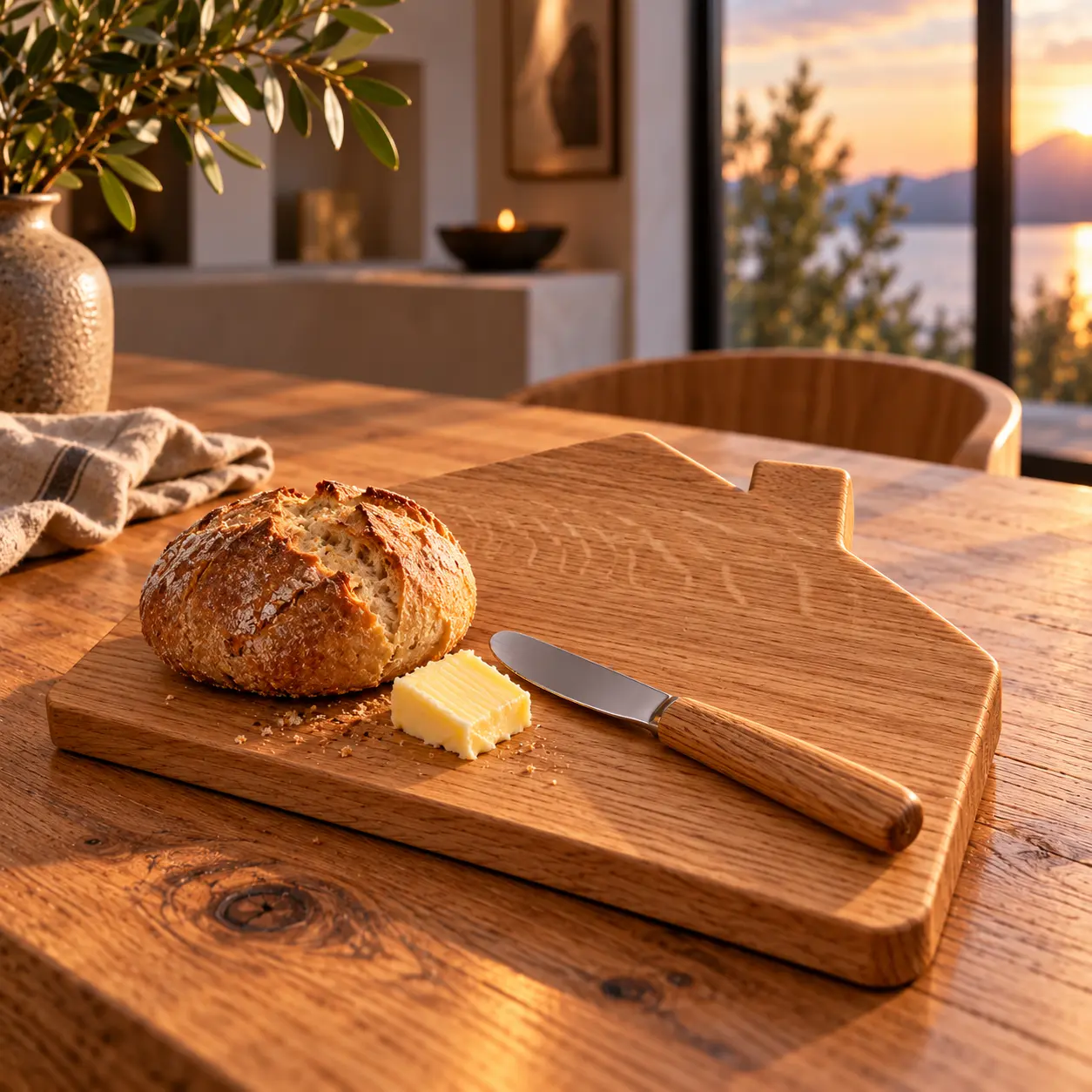 Frühstücksbrett aus Eiche in Hausform mit Brötchen