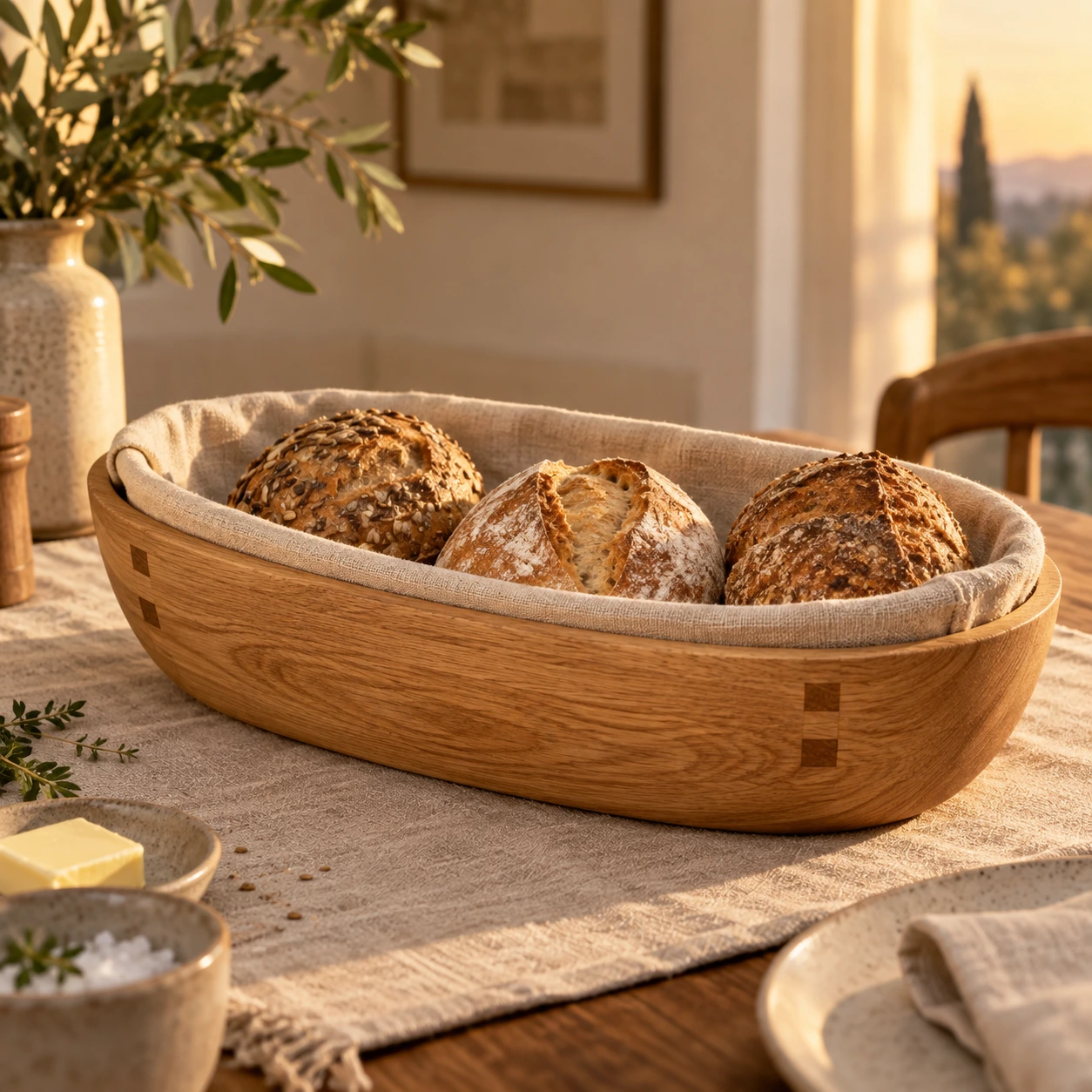 Brot in einer Eichenschale mit hellem Leineneinsatz auf einem Esstisch