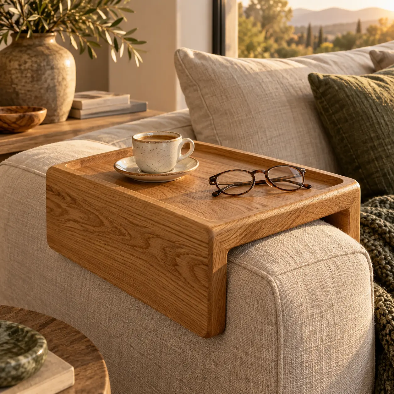 Sofaablage aus Eiche auf einer beigefarbenen Armlehne mit Tasse und Brille