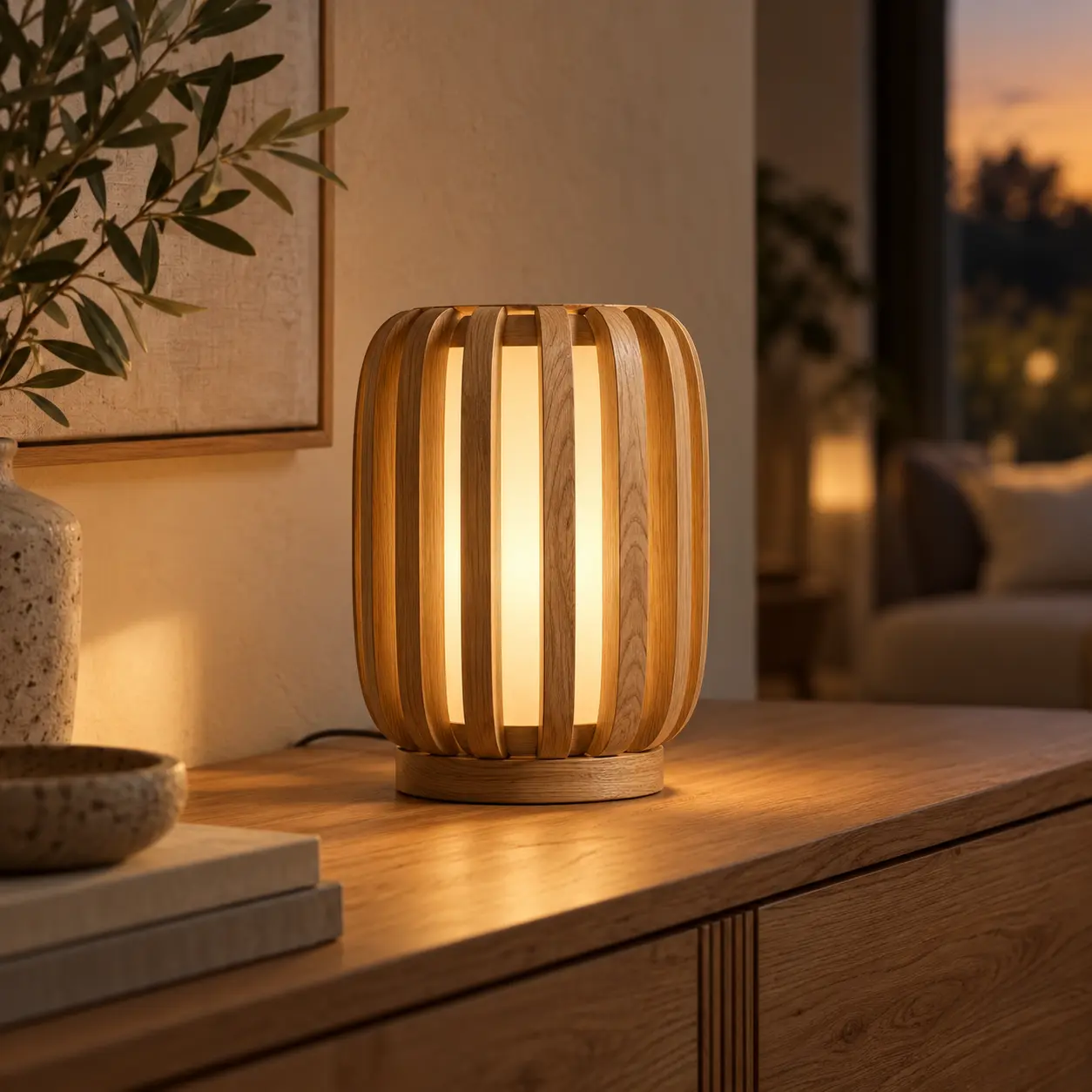 LED-Tischleuchte mit Eichenlamellen auf einem Eichen-Sideboard