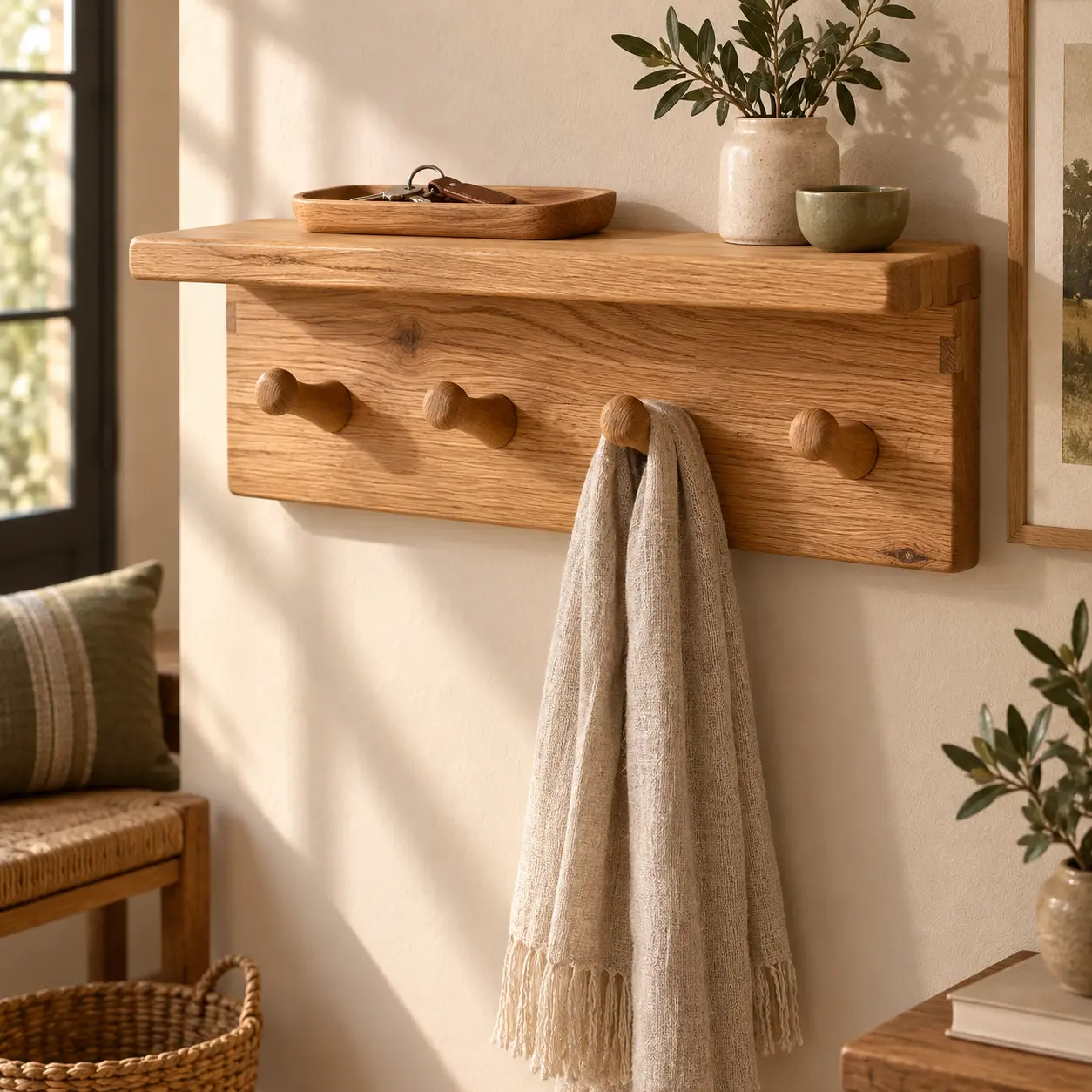 Wandgarderobe aus Eiche mit Ablage und vier runden Holzhaken