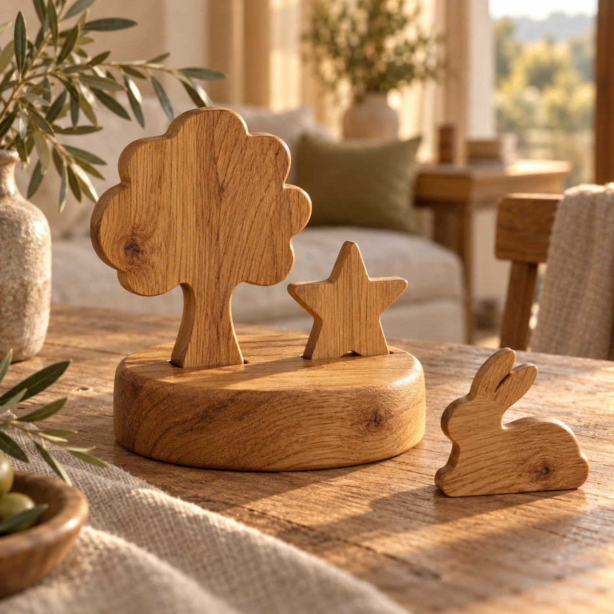 Eichensockel mit Baum und Stern, daneben eine Holzfigur in Hasenform