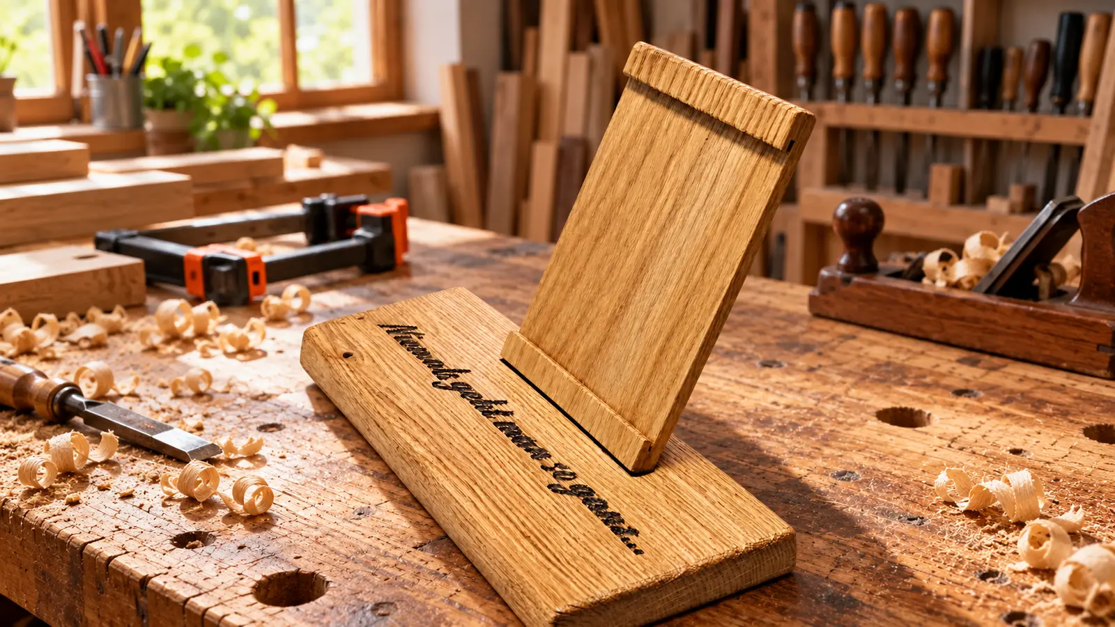 Erinnerungsstück aus Eiche mit Holzhalterung und Gravur Niemals geht man so ganz auf einer Werkbank