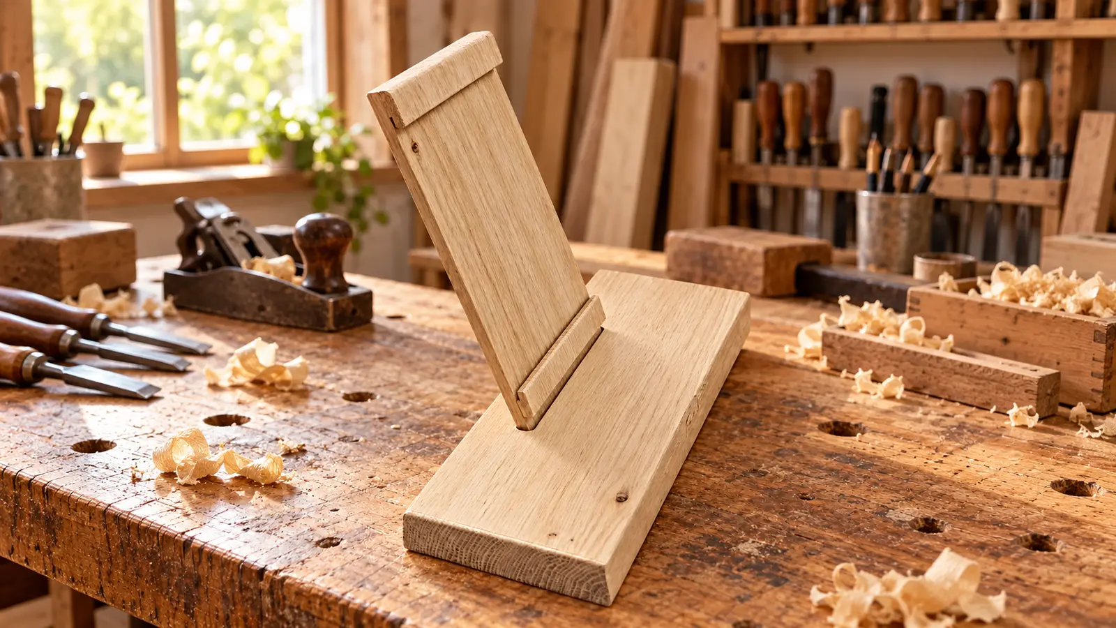 Schrägansicht der ungravierten Holzhalterung mit geneigtem Einsatz im Eichensockel