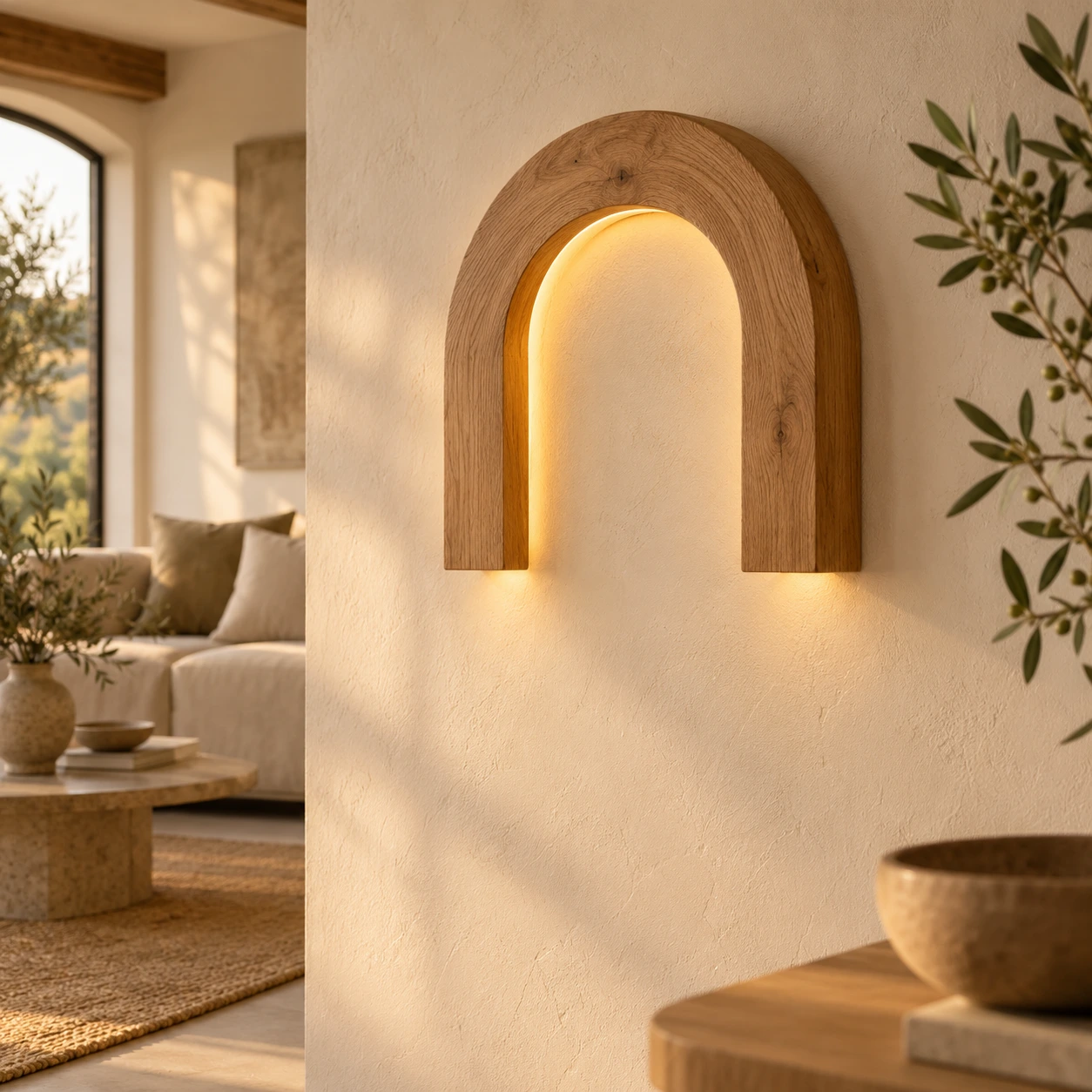 Bogenförmige Eichen-Wandlampe mit LED entlang der inneren Kontur
