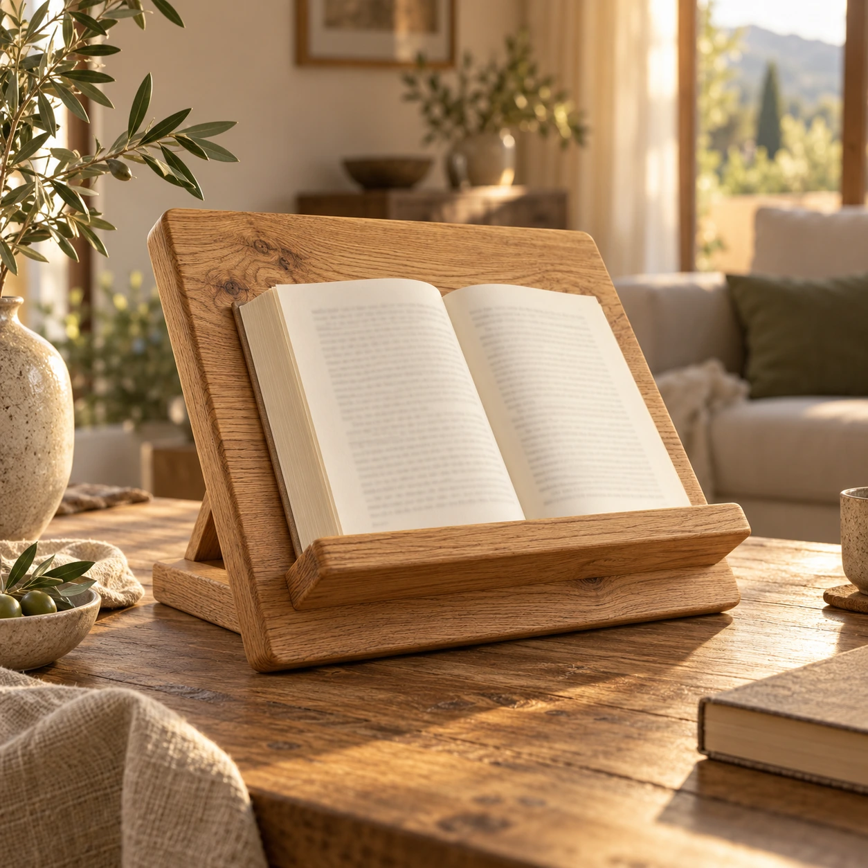Geneigter Leseständer aus Eiche mit einem aufgeschlagenen Buch