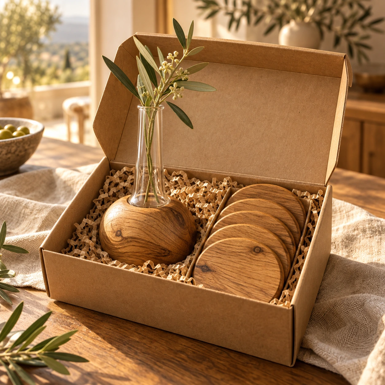 Geschenkset mit Vase und Eichenuntersetzern