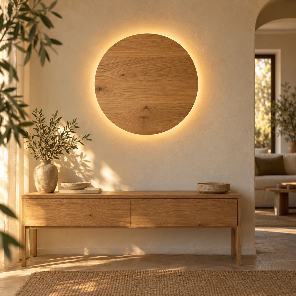 Runde Eichenscheibe mit indirektem LED-Lichtkranz über einer Konsole