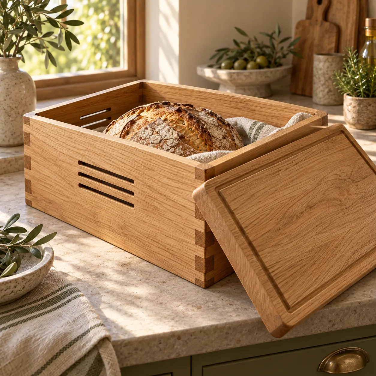 Offener Eichenbrotkasten mit Lüftungsschlitzen, Brot und danebenstehendem Schneiddeckel