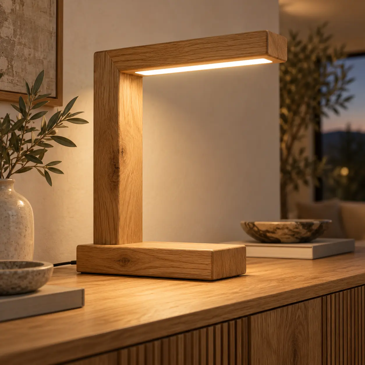 Winkelförmige LED-Tischleuchte aus Eiche auf einem Eichen-Sideboard