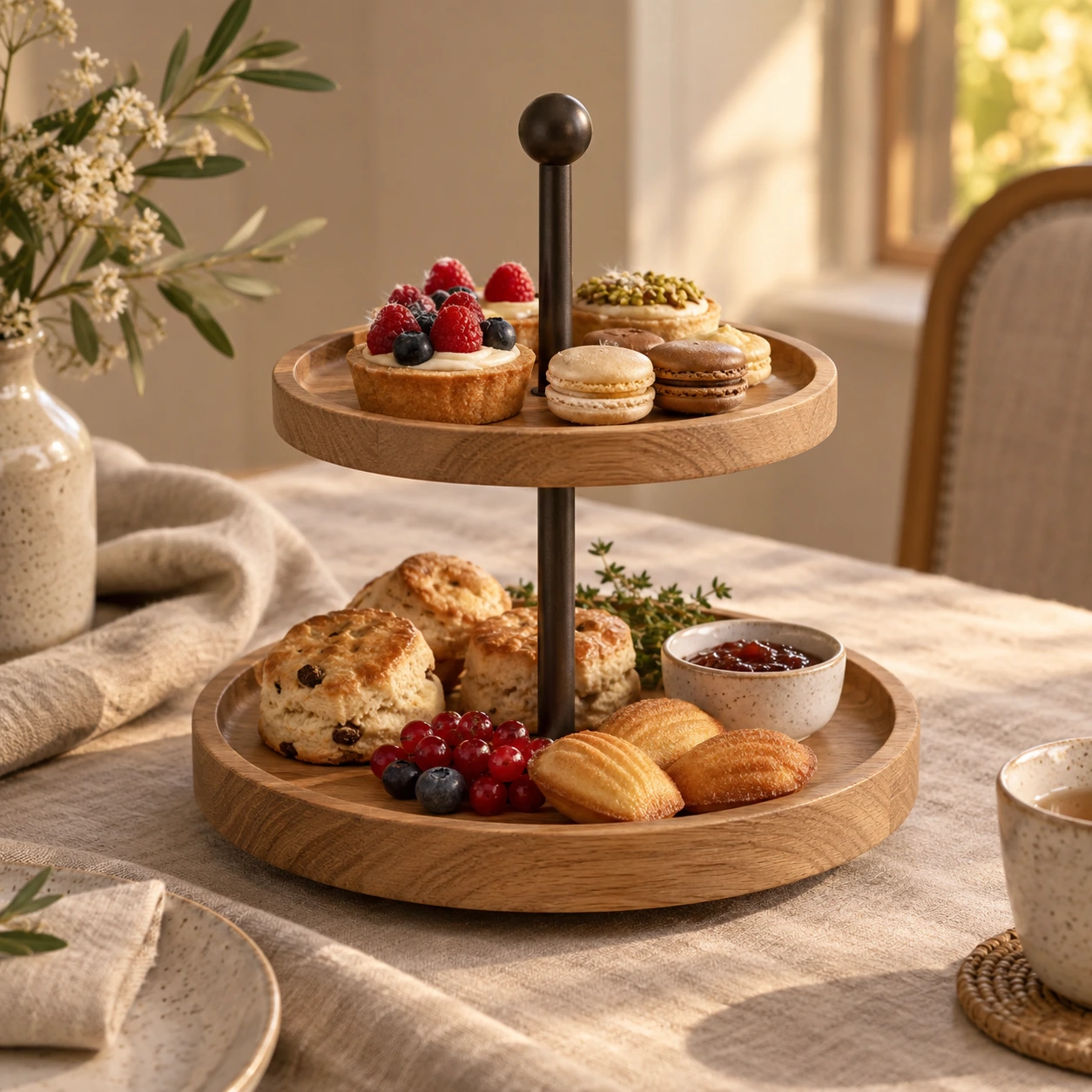 Zweistufige Etagere aus Eiche mit Gebäck auf einem gedeckten Tisch