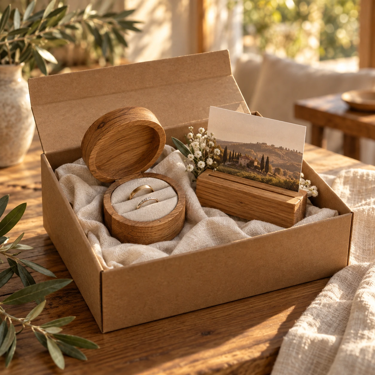 Geschenkbox mit runder Eichen-Ringbox und Fotohalter mit Landschaftsbild