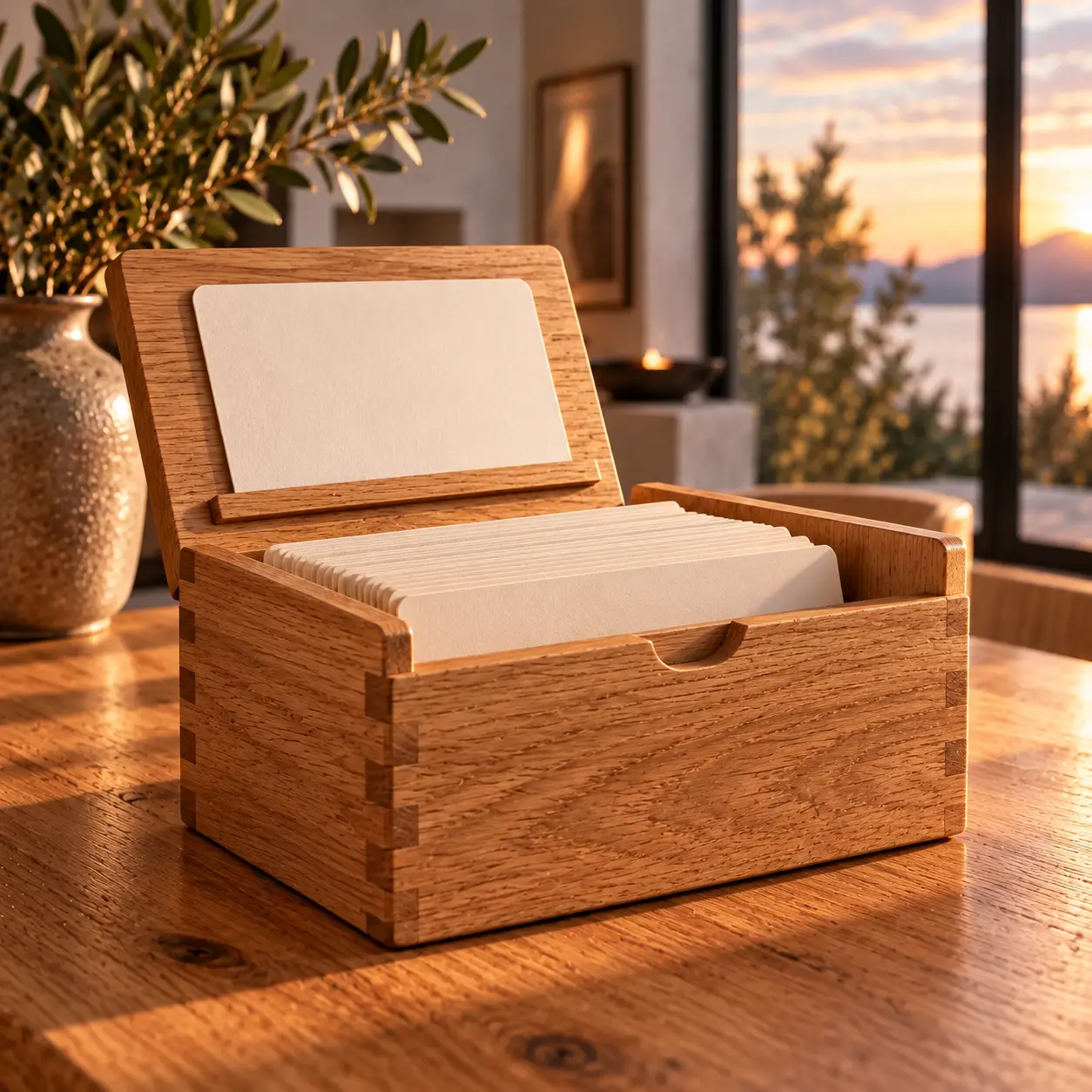 Geöffnete Rezeptkartenbox aus Eiche mit einer Karte auf der Ablage am Deckel