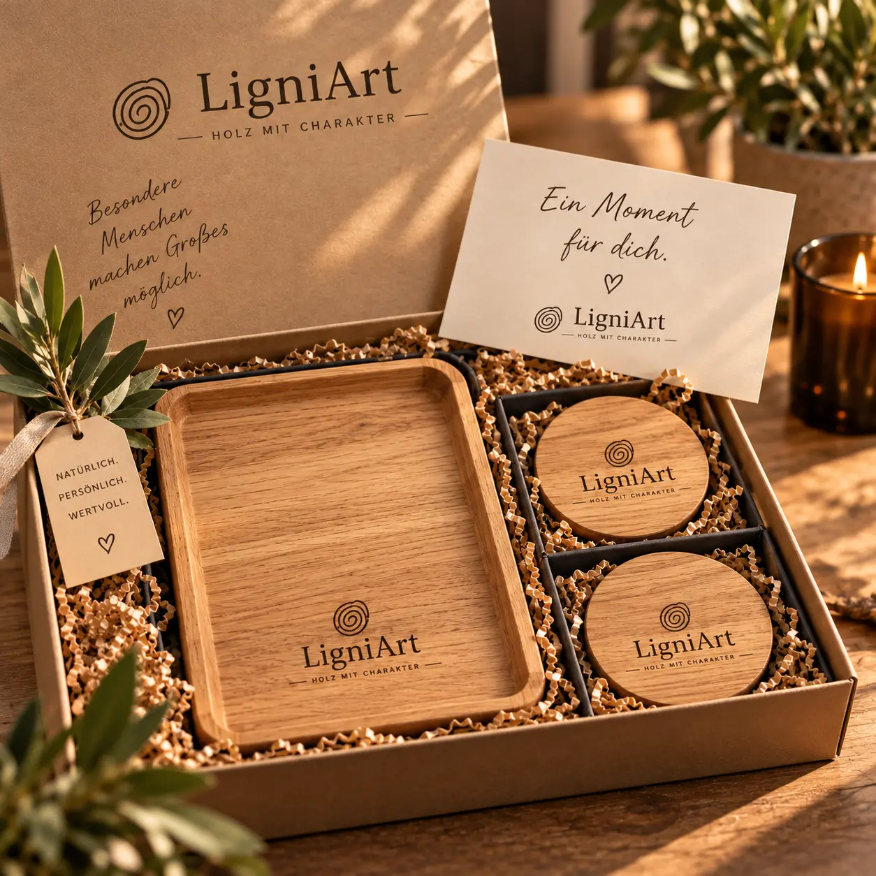 Offene LigniArt-Geschenkbox mit Kaffeetablett, zwei runden Eichenuntersetzern und Grußkarte