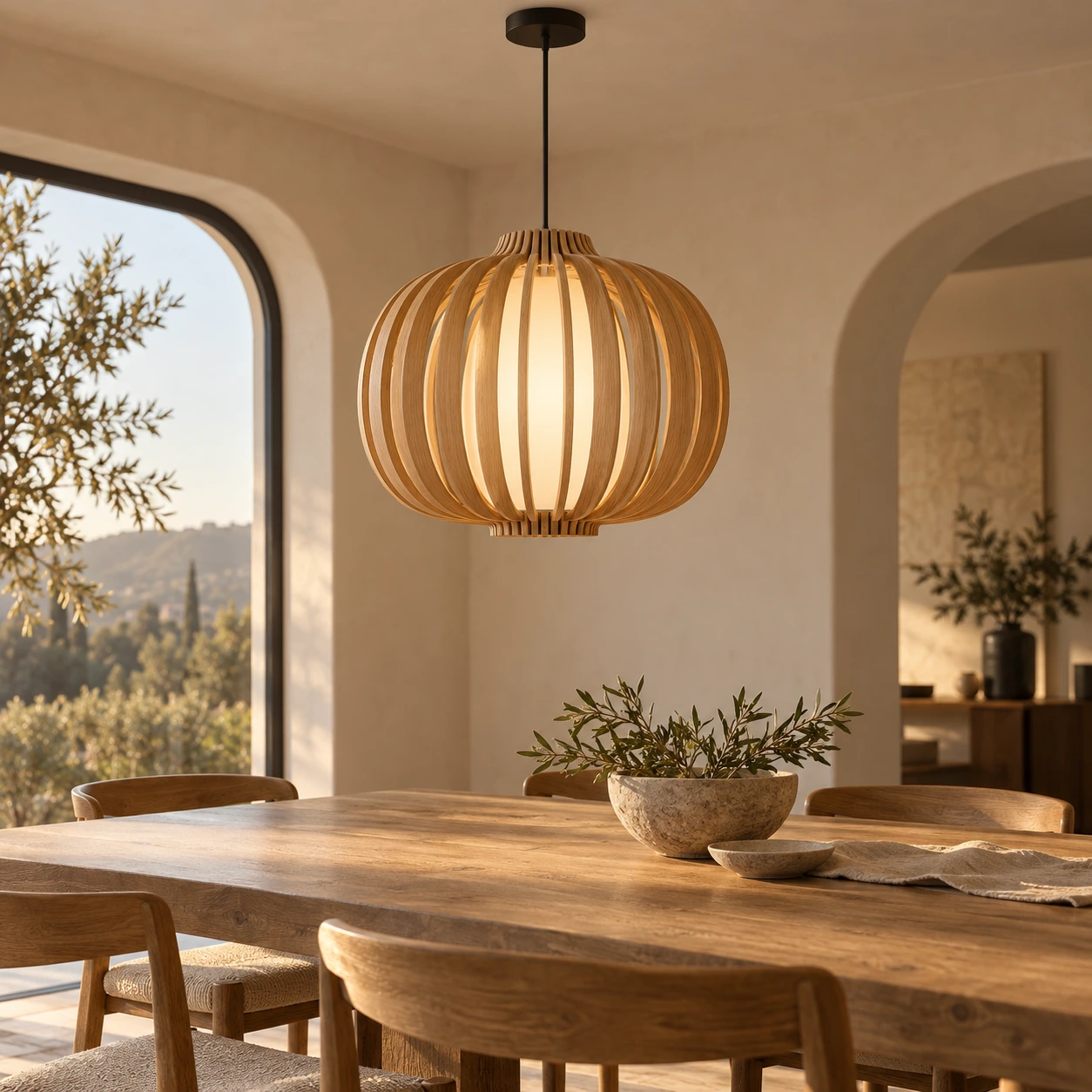 Gerundete LED-Pendelleuchte mit Eichenlamellen und opalem Lichtkörper